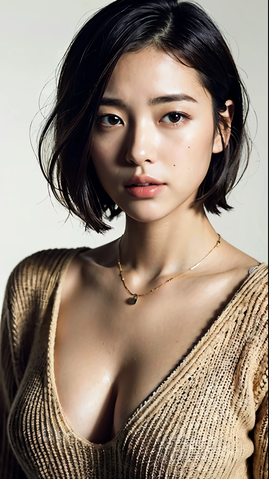 (Best quality, 8k, 32k, Masterpiece, UHD:1.2),Photo of Pretty Japanese woman, large breasts, very short bob hair,upper body,face focus, oversized_sweater, necklace, simple background, from above, closing eyes