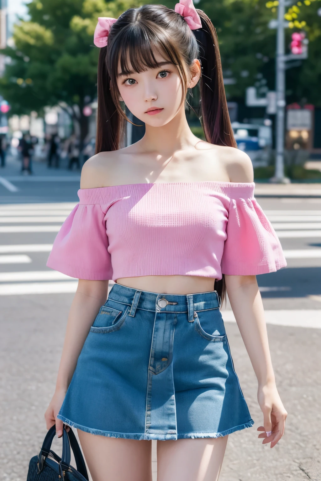 18 year old cute Japanese girl、((Extreme Detail))、(Ultra-detailed)、Highly detailed CG Unity 8K wallpaper、highest quality、muste piece、off shoulder、pink crop top、Twin tail arrangement、The center of a messy scramble intersection、There are a lot of people passing by、mini skirt