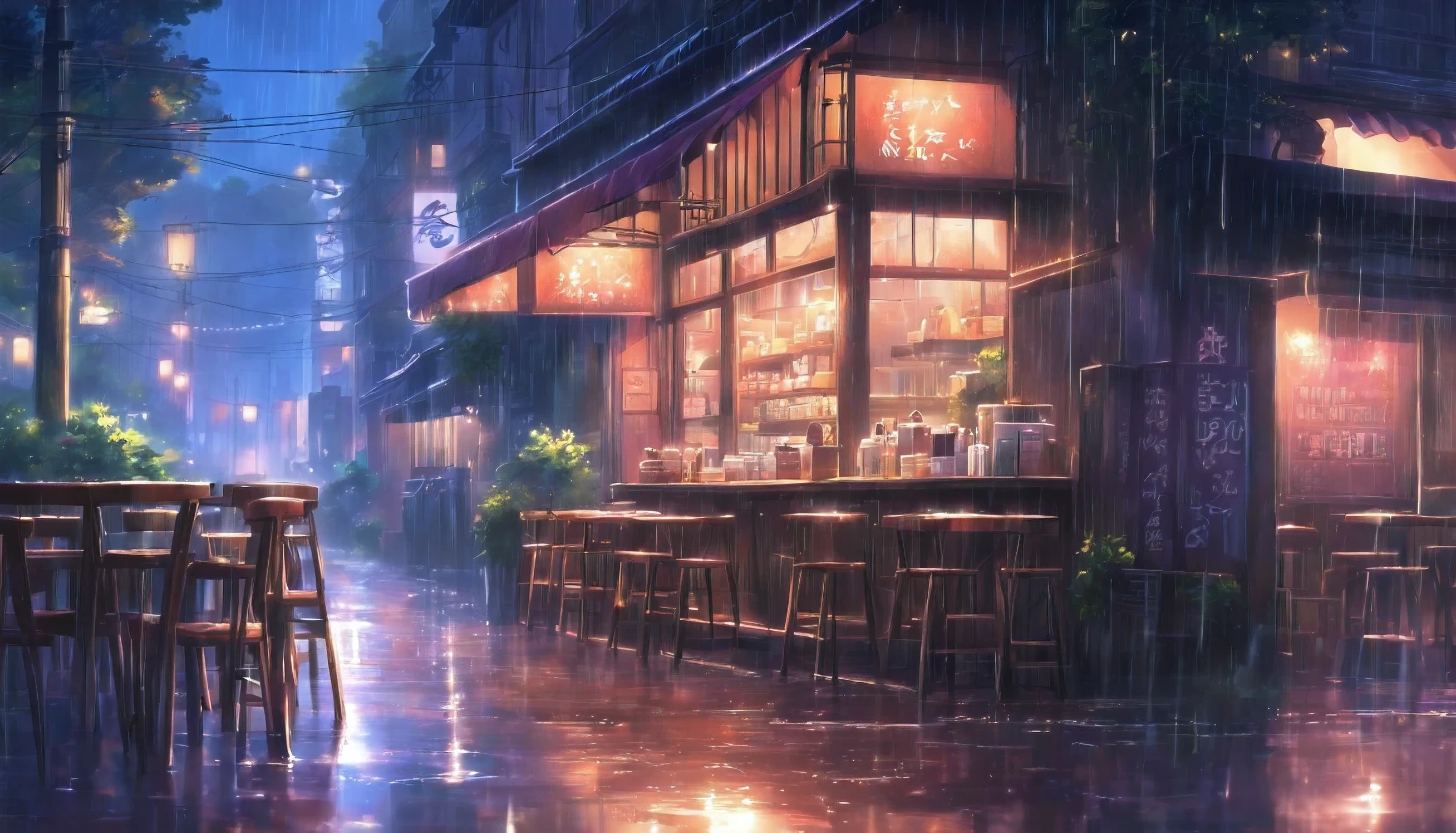 Cafe, outdoor, street, muddy, coffee shop, light, dark, bright, heavy rain, rain, raindrops, dark, dark environment, High resolution, hd, 4k