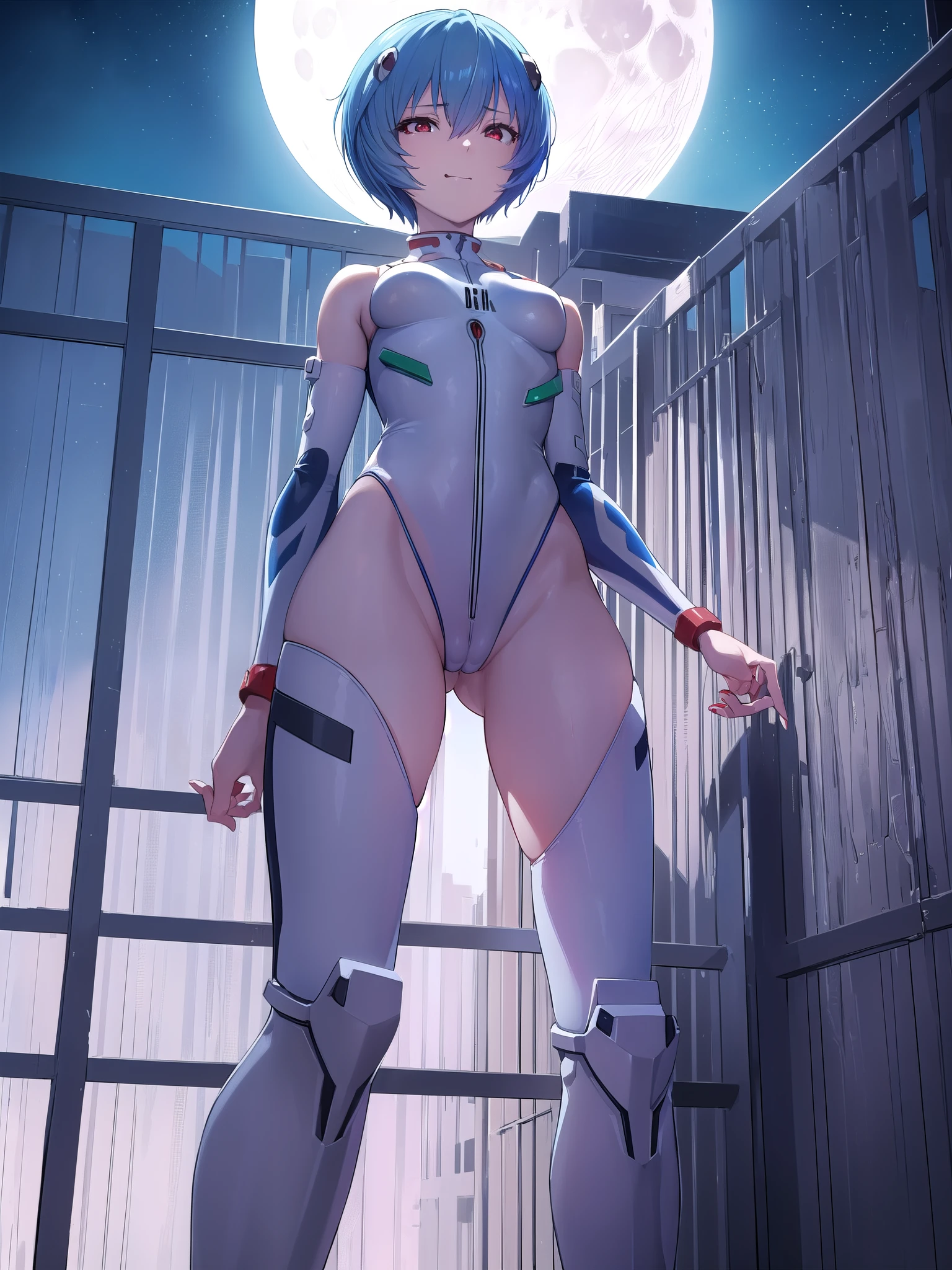 reiayanami, rei ayanami, blue hair, short hair, (red eyes:1.5), (small ???????:1.2),
break ????????, headgear, plug suit, white ????????,
break outdoors, city,
break looking at viewer, (cowboy shot:1.5),
break (masterpiece:1.2), highest quality, High resolution, unity 8k wallpaper, (figure:0.8), (detailed and beautiful eyes:1.6), highly detailed face, perfect lighting, Very detailed CG, (perfect hands, perfect ???????),((swimsuit))、((embarrassed look))、((full moon))、((Photo from below))、(((boots)))、((short hair))、((F cup ???????))、Clothes are sheer、((spread your ???????????? your mouth, ??? on tongue, ??? in mouth, tongue, tongue out, short hair, blush, smile, ??????
