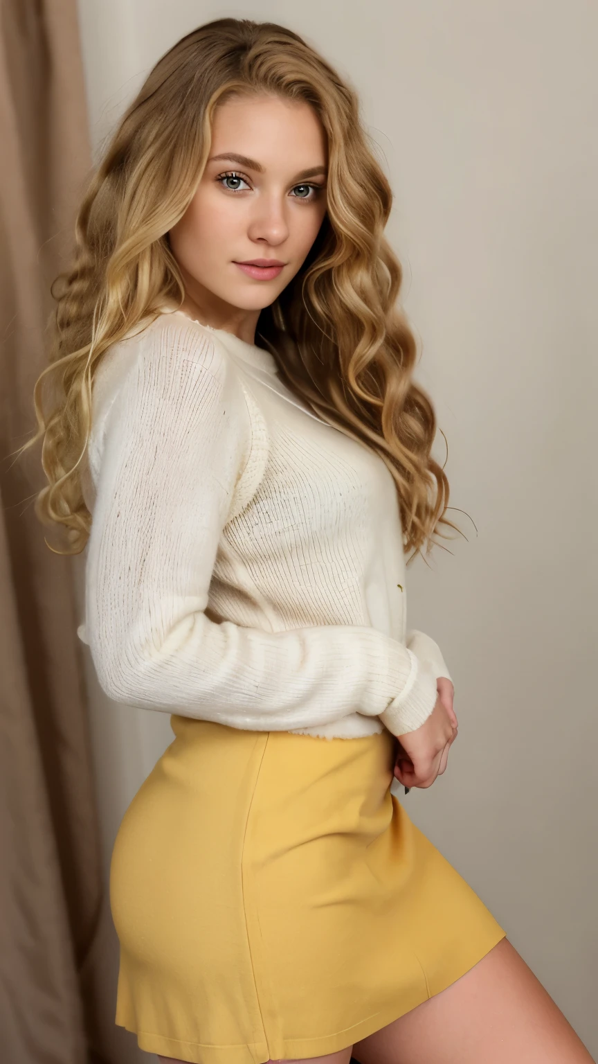 black woman with curly hair posing for a picture in a sweater, curly blonde hair | d & d, curly blond, blonde curly hair, blond curly hair, curly blond hair, curly blonde hair, curly haired, long fluffy blond curly hair, long fluffy curly blond hair, pale skin curly blond hair, long curly blond hair, long curly blonde hair, high quality portrait photoshoot, skirt, sexy