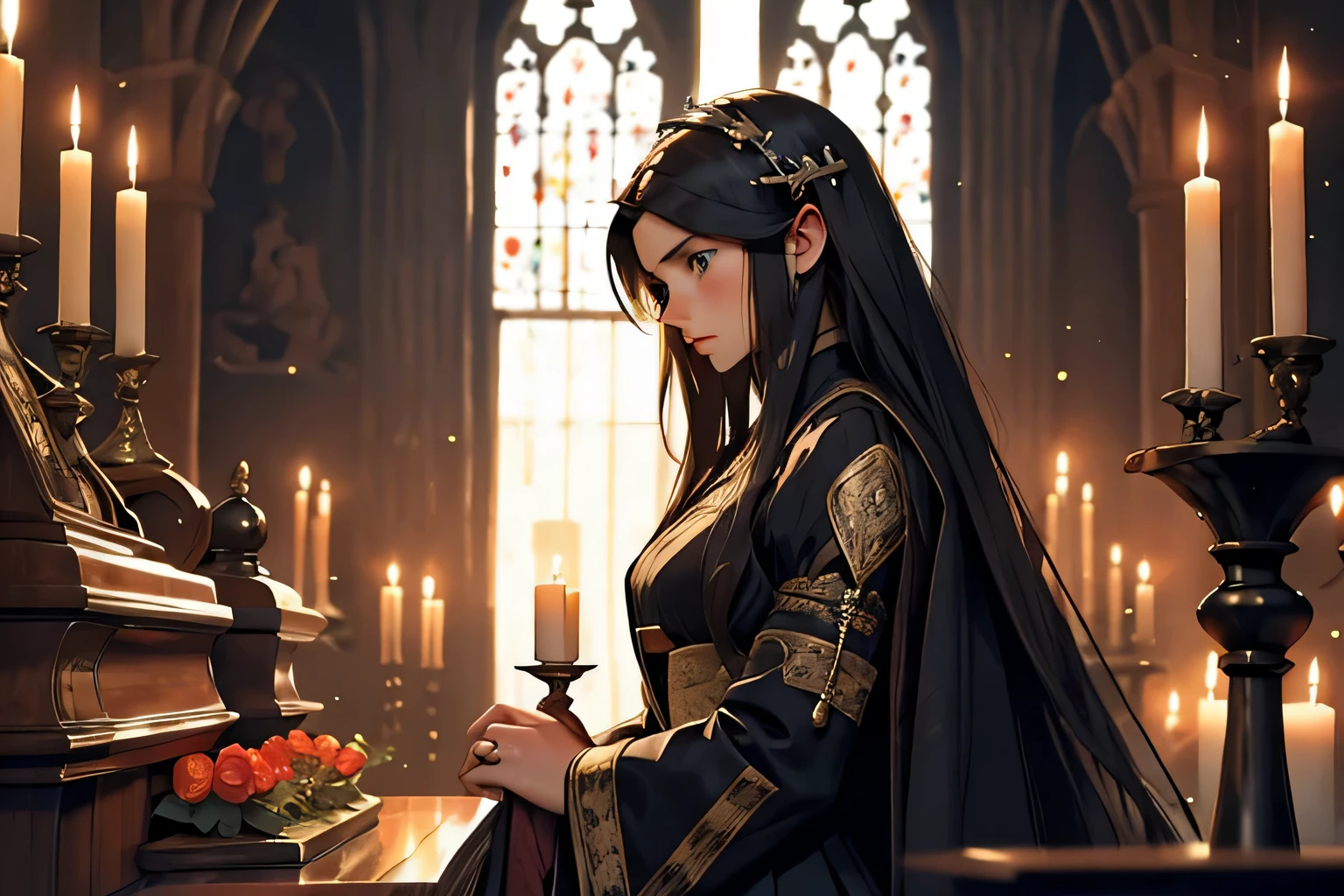 A somber portrayal of a long-haired maiden attending a medieval funeral,
