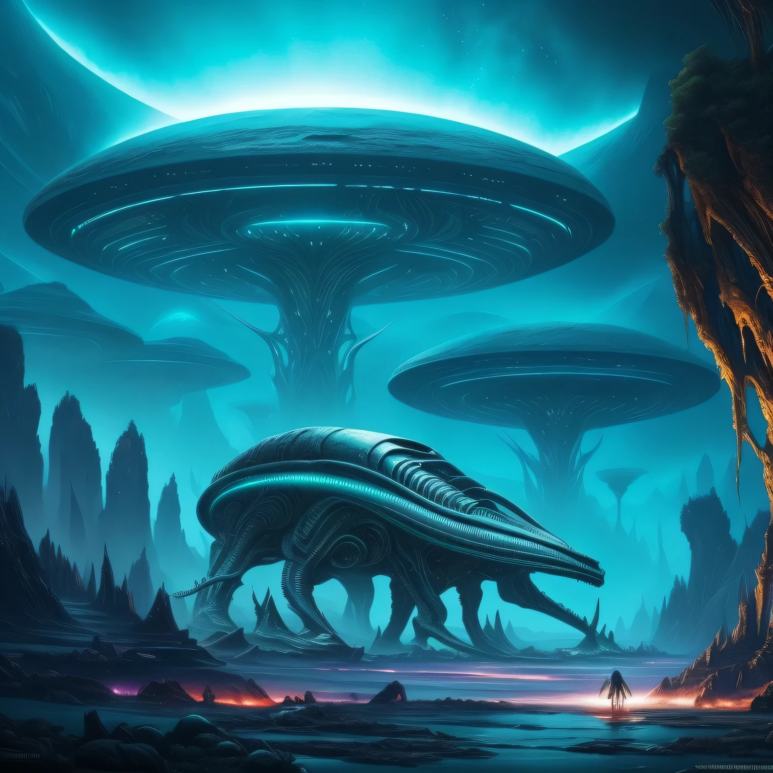 Alien landscapes filled with strange scenery and mysterious creatures, ethereal and otherworldly, born from a digital artist's imaginative mind. ( masterpiece: 1.5, best quality), (extremely detailed CG unity 8k wallpaper, masterpiece, otherworldly), (intricate and surreal, trending on ArtStation), (high contrast, dramatic lighting), (alien flora and fauna, exquisite details), (mystifying color palette, fine art painting), (glowing, bioluminescent, super realistic), (alien architectural wonders, complex textures), (futuristic, science fiction, mind-bending