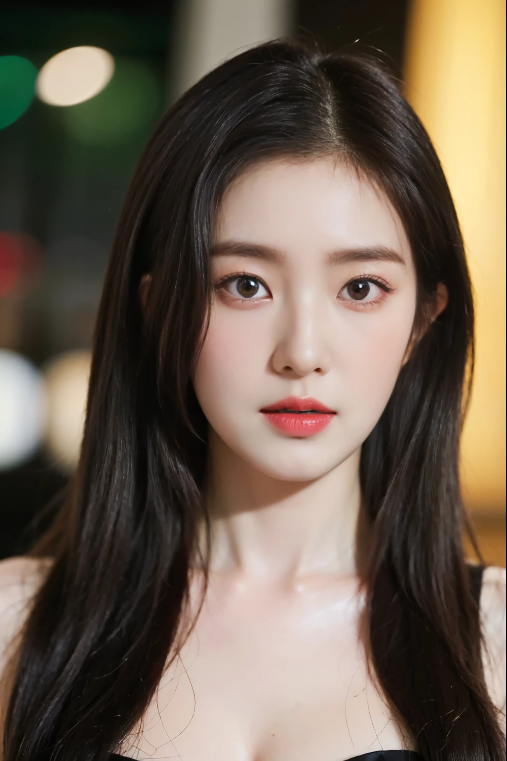 (8K, RAW photo, Best quality, Masterpiece:1.2), (Photorealism), (Extremely detailed Cg Unity 8K wallpaper), ((1 girl)), pony-tail hair, cleavage, (Perfect:1.4), (Medium breasts:1.2), Beautiful face, Clear Focus, Cocktail black dress set, bokeh background in hotel room, fine eyes, fine skin, fine lips, Model flattering portrait pose, bright gemstone green eyes contact lens.