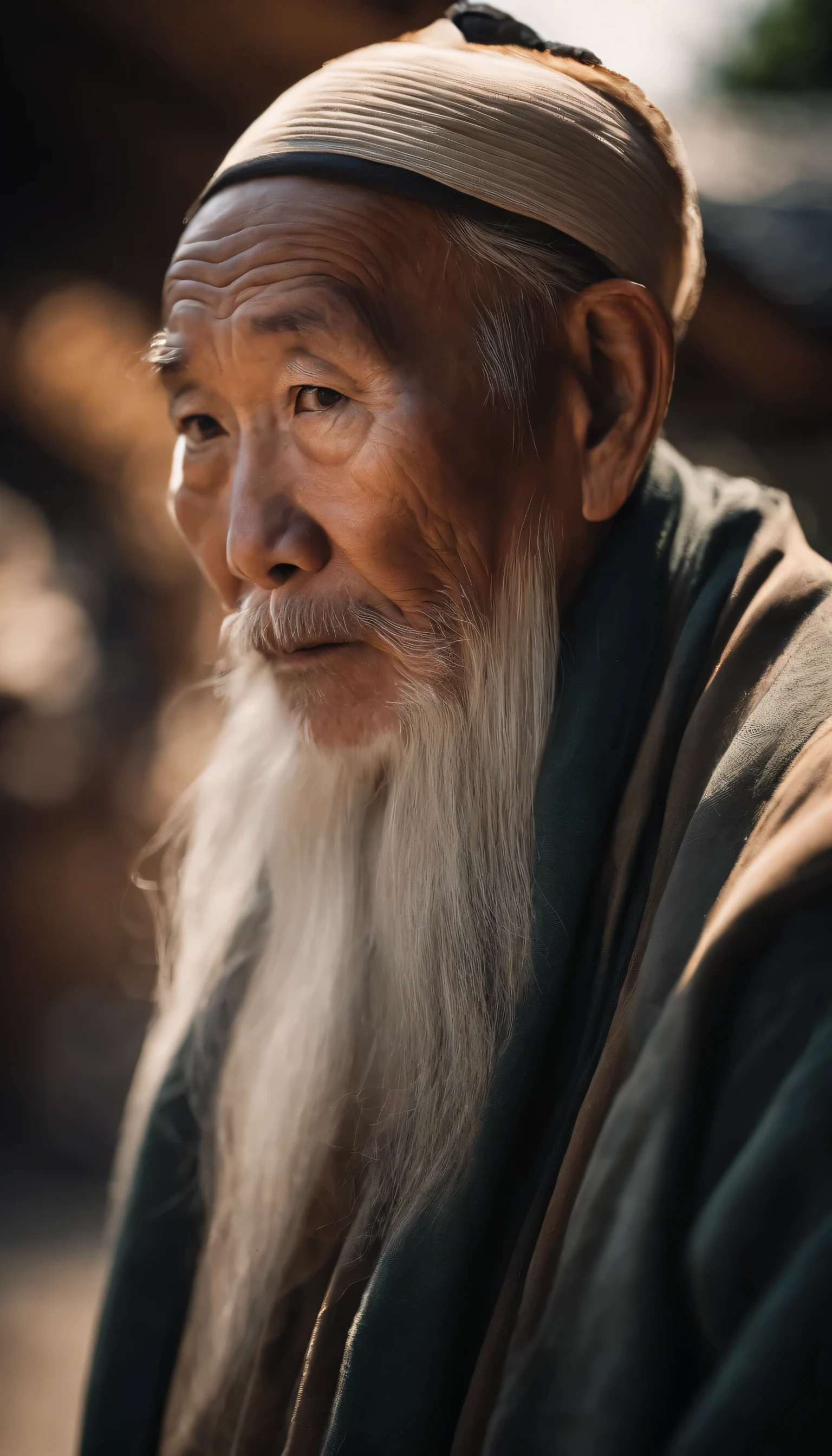 Un portrait d&#39;a real old chinese man with a side face,The light and&#39;ombre sur la photo sont parfaites, et la lumière parasite a ajouté une touche agréable.Il n&#39;a pas trop de rides sur le visage, Et la note de cette photo est nettement supérieure à 10. Le fond est de couleur unie，C&#39;est une superbe photo