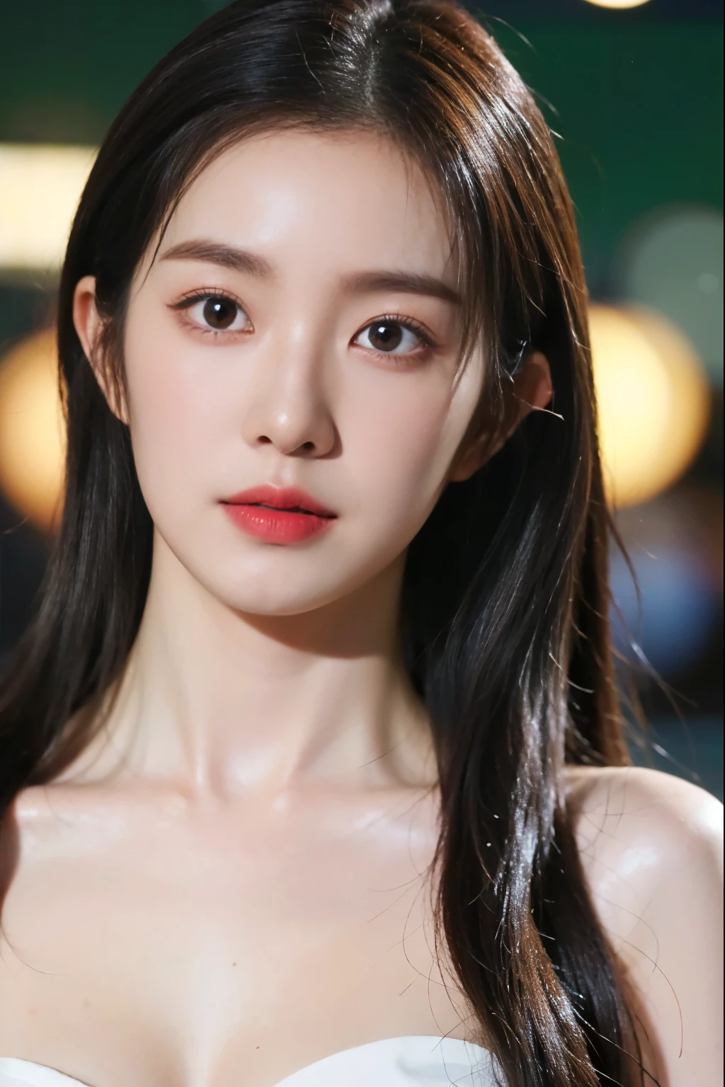 (8K, RAW photo, Best quality, Masterpiece:1.2), (Photorealism), (Extremely detailed Cg Unity 8K wallpaper), ((1 girl)), pony-tail hair, cleavage, (Perfect:1.4), (Medium breasts:1.2), Beautiful face, Clear Focus, Cocktail black dress set, bokeh background in hotel room, fine eyes, fine skin, fine lips, Model flattering portrait pose, bright gemstone green eyes contact lens.