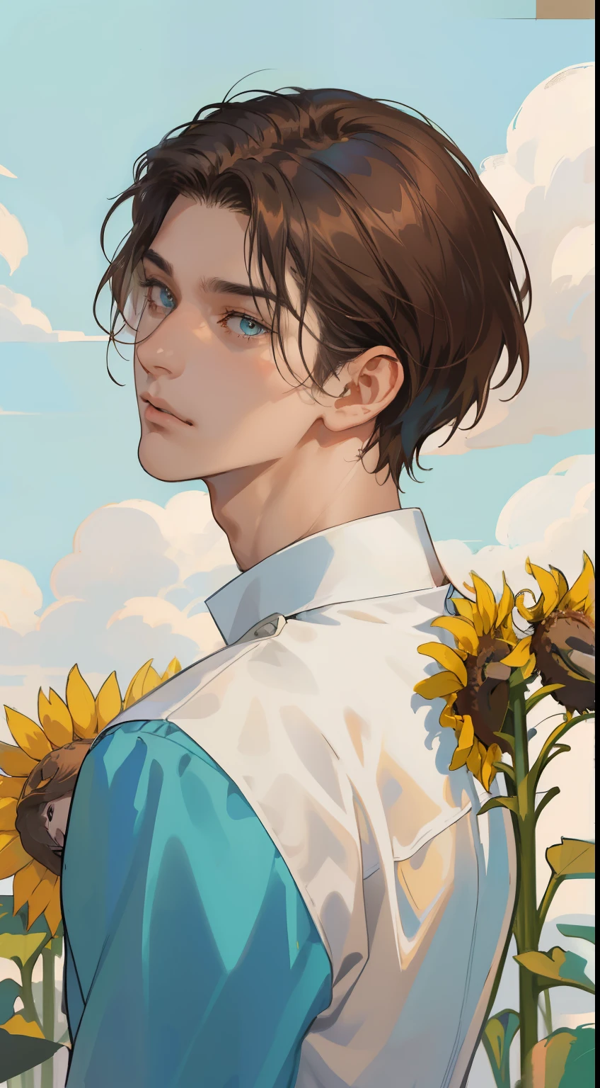 masterpiece, best quality, realistic, 1man, male focus, male model, tall muscular, handsome, closed mouth, simple clothes, portrait,extremely detailed face, short brown hair, flying bangs, turquoise eyes, white background, simple background, SIDE VIEW, looking at the viewers, view from the back, sunflower field, MALE ONLY, MALE, FACEING THE FRONT