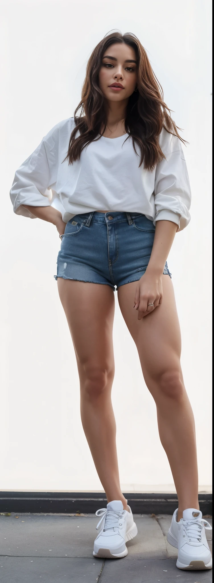 Uma mulher linda, extremamente realista, short jeans, White sneakers, sexy, bunda grande, pernas grossas, Fitness