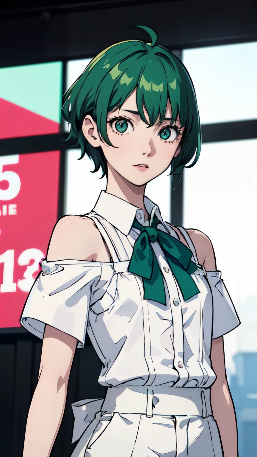 En un escenario urbano, An 18-year-old girl with short shoulder-length green hair and eyes of the same color stands out. He wears a white short-sleeved shirt with a pink bowtie around his neck., complementada con una falda corta del mismo tono. His expression reflects confidence and determination.