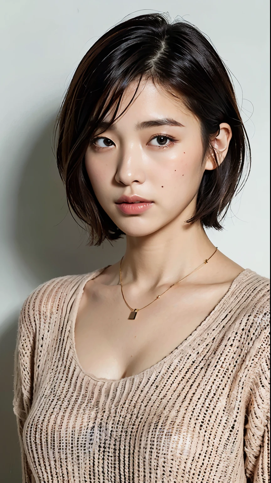 (Best quality, 8k, 32k, Masterpiece, UHD:1.2),Photo of Pretty Japanese woman, large breasts, very short bob hair,upper body,face focus, oversized_sweater, necklace, simple background, from above, closing eyes
