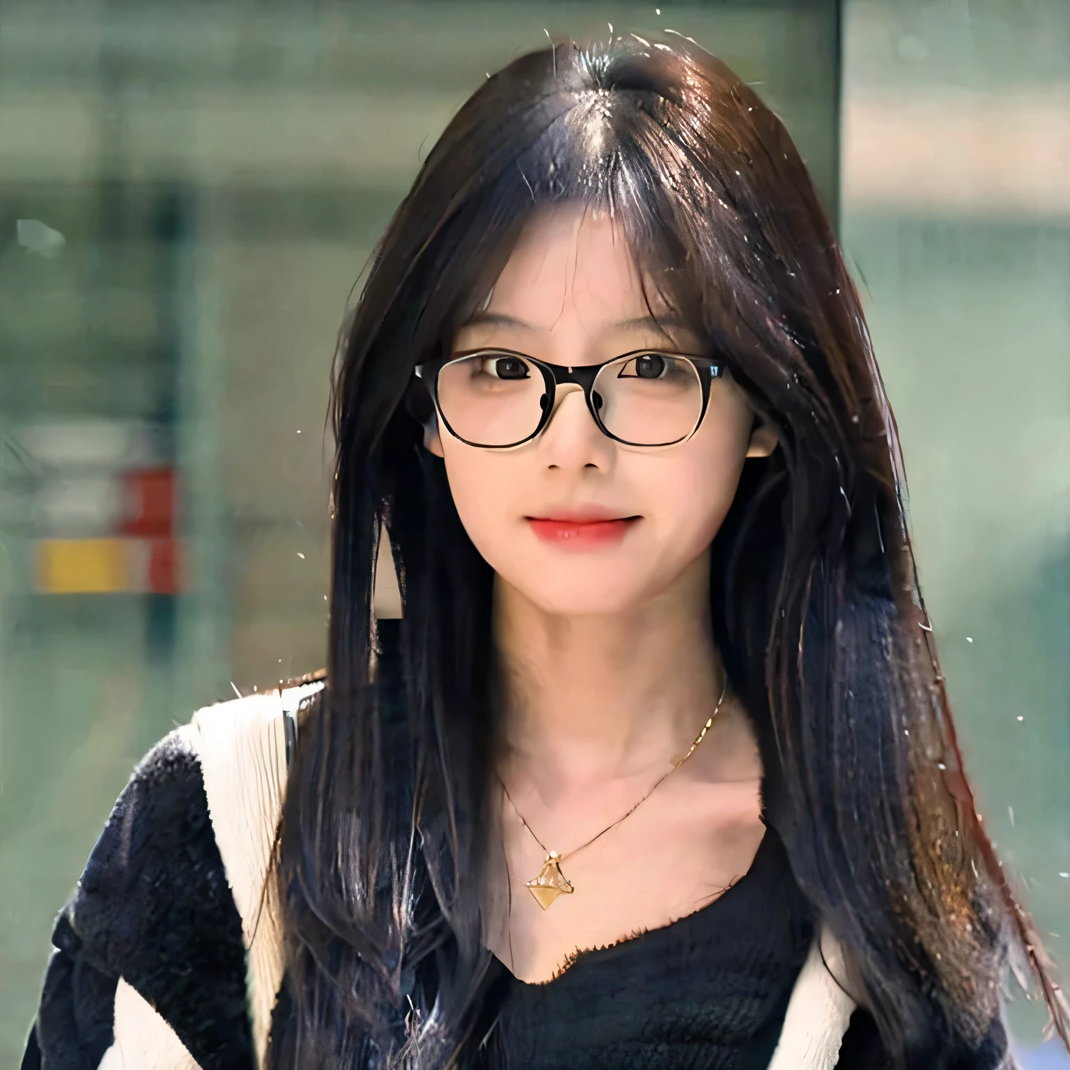 a beautiful Japanese woman, 20 years old, long black straight hair, wearing a glasses, diamond shape necklace, nice body, curvy, slender, beautiful skin,(masterpiece, original photo, beautiful face( Realistic black eyes, beautiful details eyes, (reality skin: 1.3), beautiful skin, Attractive, ultra high resolution, Super realistic, HD, golden ratio,