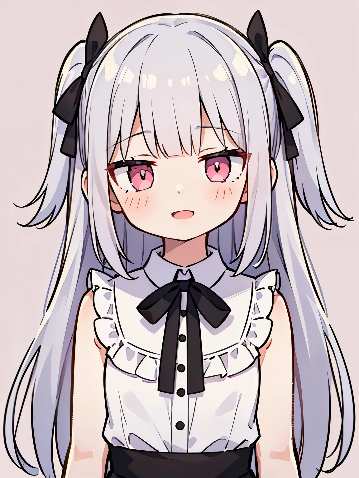 Pueros face_V1:0.24, highest quality, realistic, 8K, High resolution, 1 girl, 18 year old girl, (skin dents), (portrait), ((simple background:1.62)), full color, ((round chest,white ruffle blouse,sleeveless blouse)), look straight at the viewer:1.8, (1 girl eyes looking at viewer:1.55), (Long-length hair, silver hair, two side up,straight bangs:1.45,pink eyes), (Bokeh),looking at the viewer,open mouth smile,Shining eyes