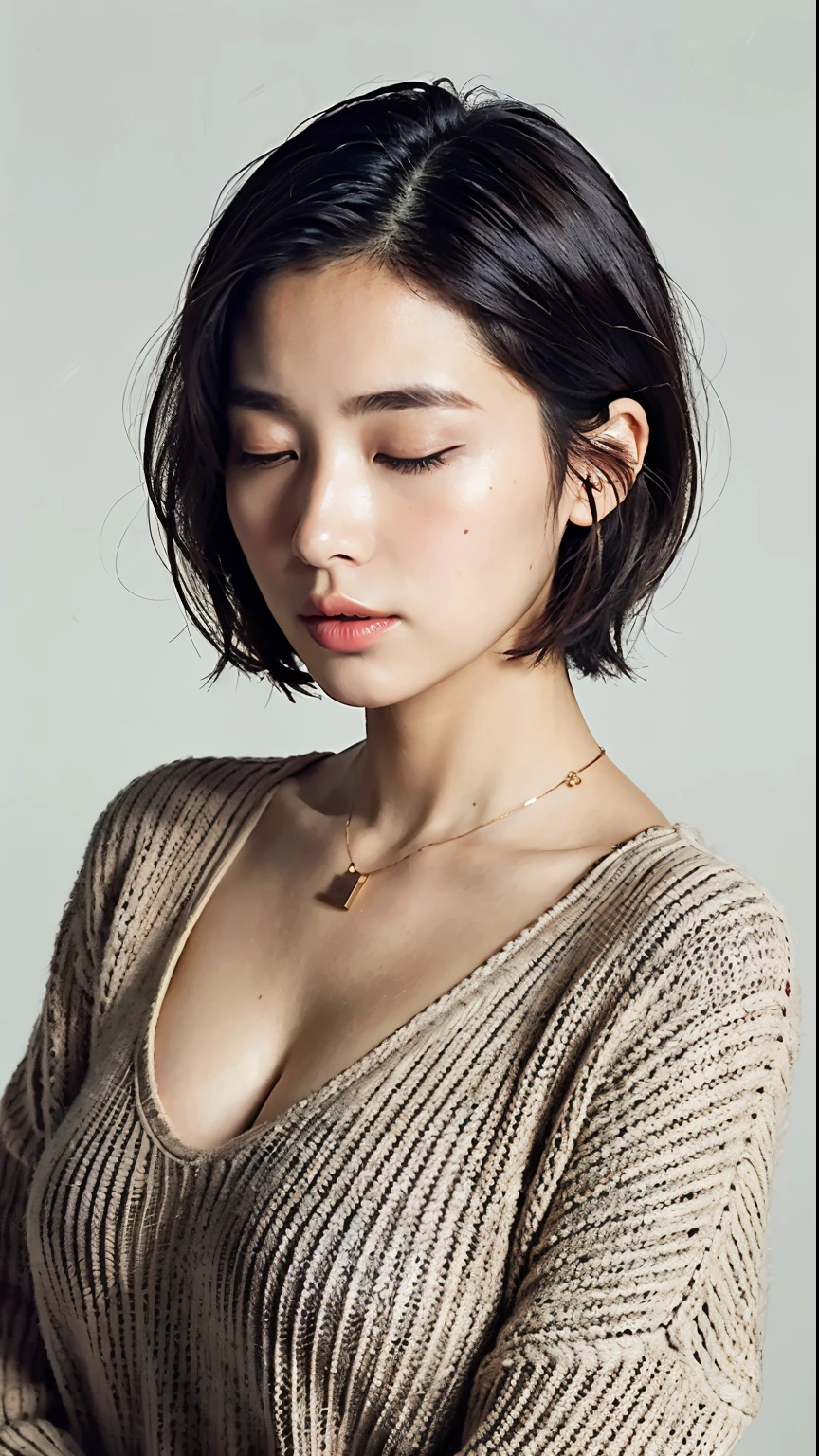 (Best quality, 8k, 32k, Masterpiece, UHD:1.2),Photo of Pretty Japanese woman, large breasts, very short bob hair,upper body,face focus, oversized_sweater, necklace, simple background, from above, closing eyes