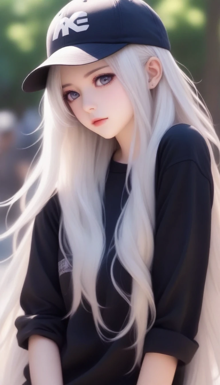 anime girl with long hair wearing a baseball cap and black top, anime girl with long hair, perfect white haired girl, with long white hair, beautiful anime girl, with white long hair, beautiful anime woman, beautiful alluring anime woman, beautiful anime portrait, with long hair and piercing eyes, girl with white hair, blonde anime girl with long hair, with long hair