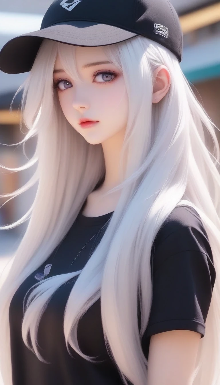 anime girl with long hair wearing a baseball cap and black top, anime girl with long hair, perfect white haired girl, with long white hair, beautiful anime girl, with white long hair, beautiful anime woman, beautiful alluring anime woman, beautiful anime portrait, with long hair and piercing eyes, girl with white hair, blonde anime girl with long hair, with long hair