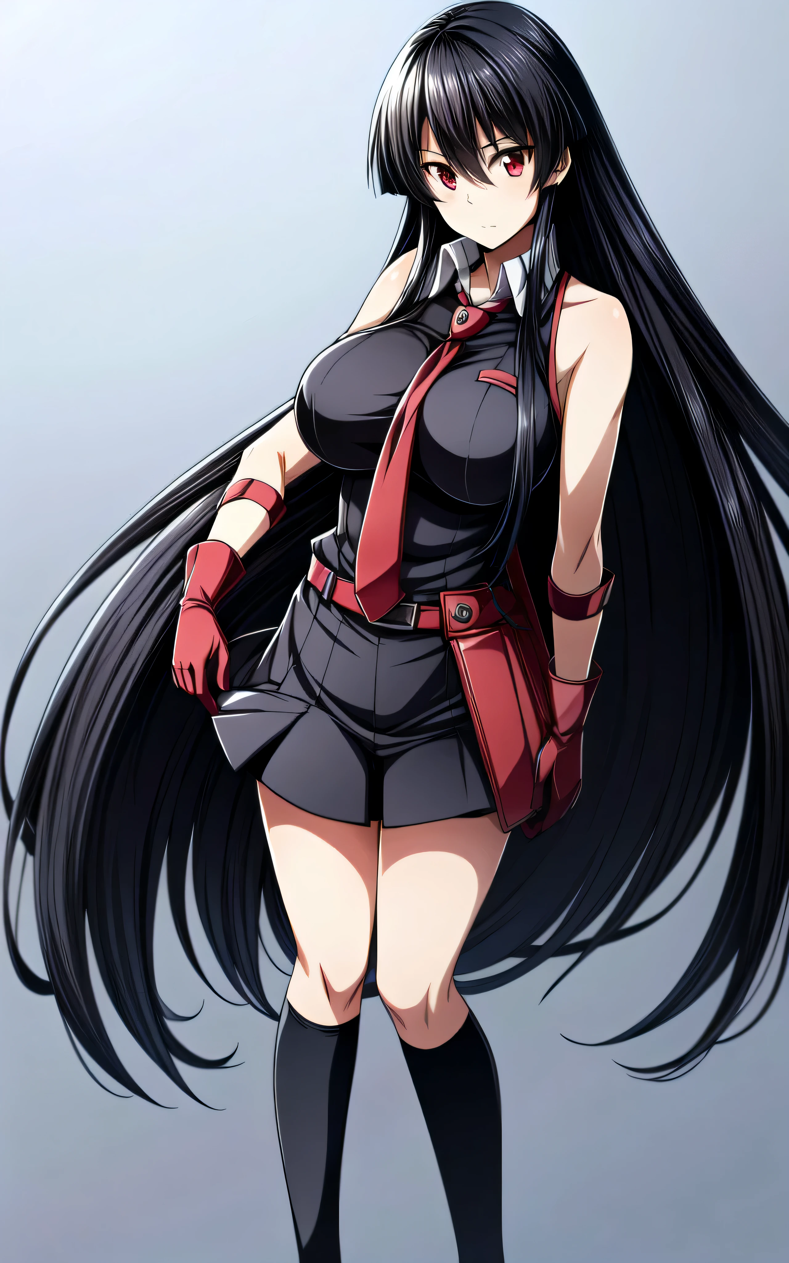 masterpiece, best quality, akame (akame ga kill!), full body, 1girl, solo, long hair, black hair, red eyes, necktie, very long hair, looking at viewer, gloves, breasts, huge breasts, big breasts, close shot, night background 