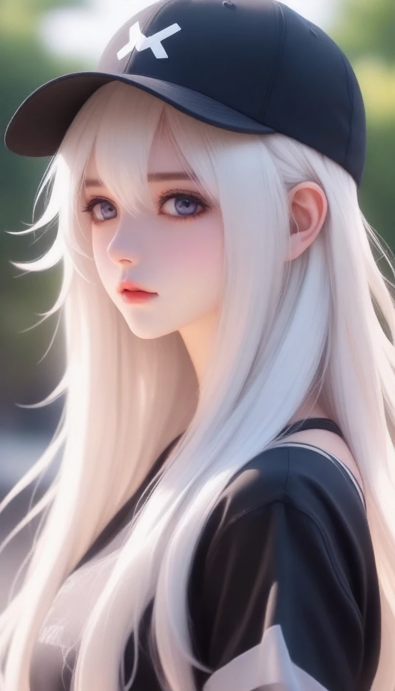 anime girl with long hair wearing a baseball cap and black top, anime girl with long hair, perfect white haired girl, with long white hair, beautiful anime girl, with white long hair, beautiful anime woman, beautiful alluring anime woman, beautiful anime portrait, with long hair and piercing eyes, girl with white hair, blonde anime girl with long hair, with long hair