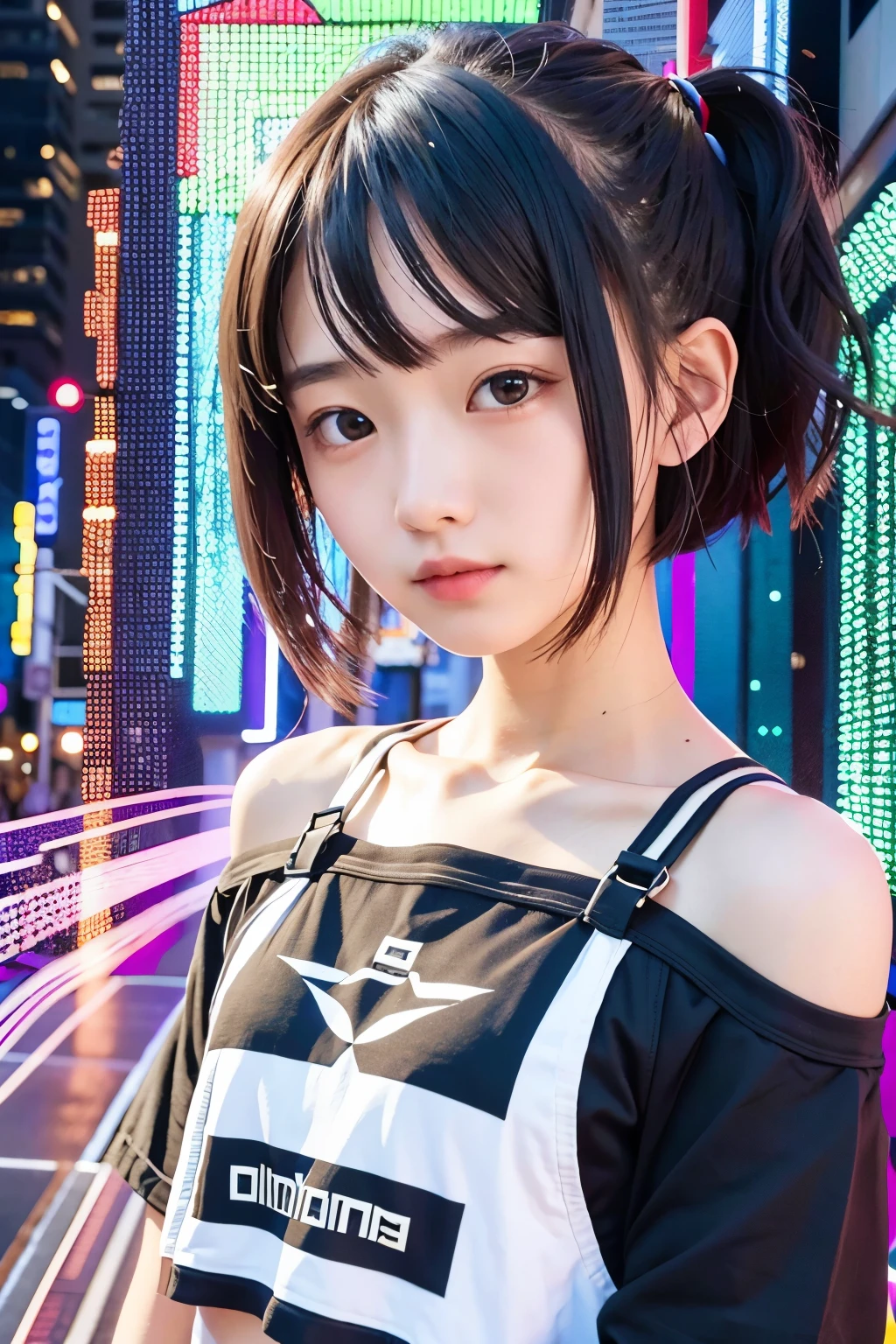 18 year old cute Japanese girl、((Extreme Detail))、(Ultra-detailed)、Highly detailed CG Unity 8K wallpaper、highest quality、muste piece、off shoulder、crop top、Short cut bob hairstyle、The center of a messy scramble intersection、There are a lot of people passing by、miling happily