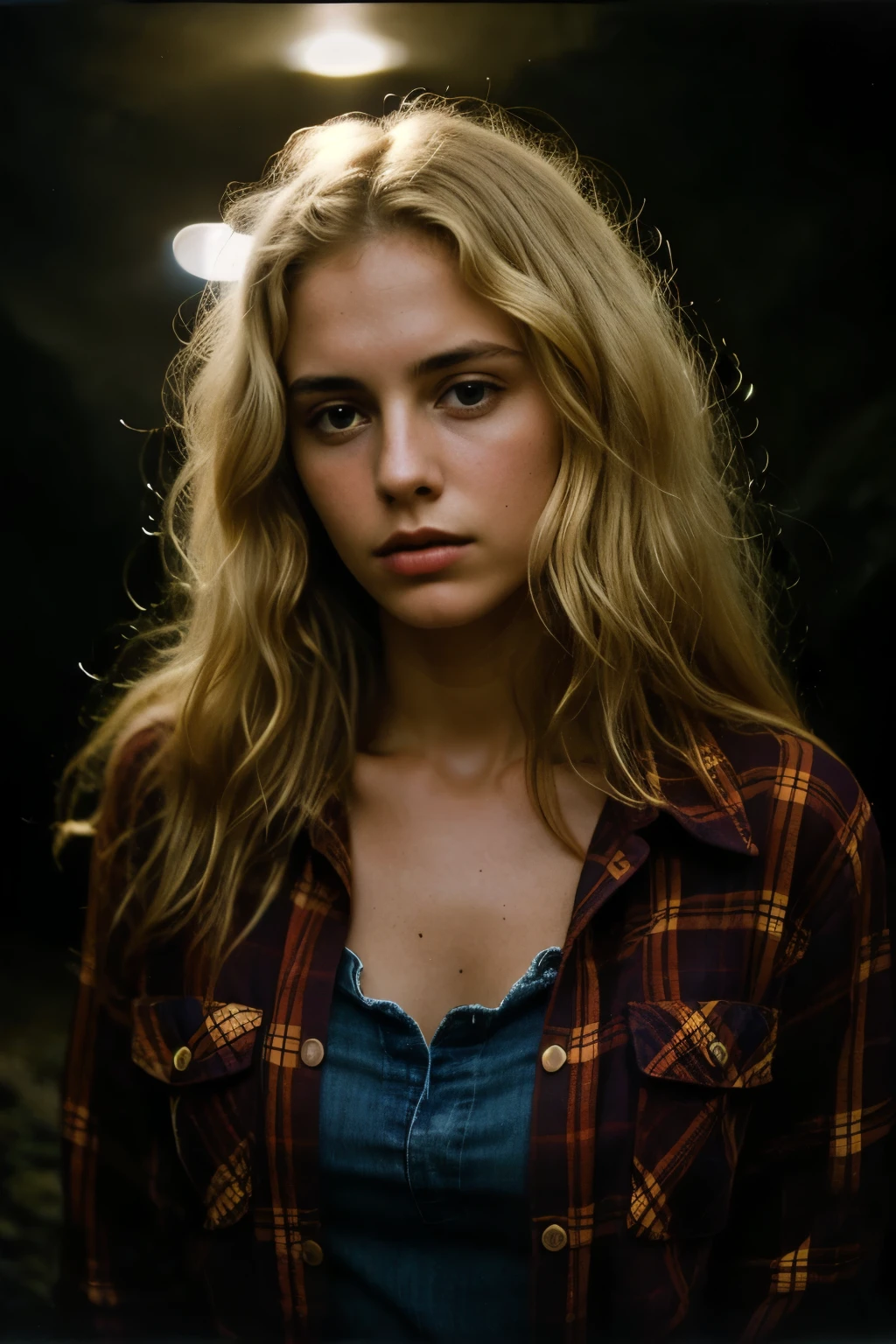 photograph of a woman, (troubled facial expression), textured skin, goosebumps, blonde afro hair, plaid flannel shirt with distressed boyfriend jeans, cowboy shot, dark and mysterious cave with unique rock formations and hidden wonders, perfect eyes, (candlelight,chiaroscuro), Porta 160 color, shot on ARRI ALEXA 65, bokeh, sharp focus on subject, shot by Don McCullin