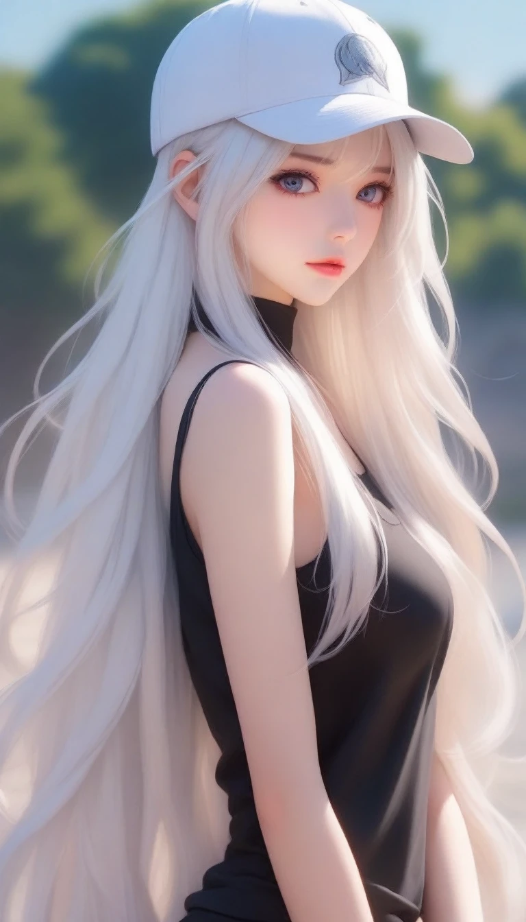 anime girl with long hair wearing a baseball cap and black top, anime girl with long hair, perfect white haired girl, with long white hair, beautiful anime girl, with white long hair, beautiful anime woman, beautiful alluring anime woman, beautiful anime portrait, with long hair and piercing eyes, girl with white hair, blonde anime girl with long hair, with long hair