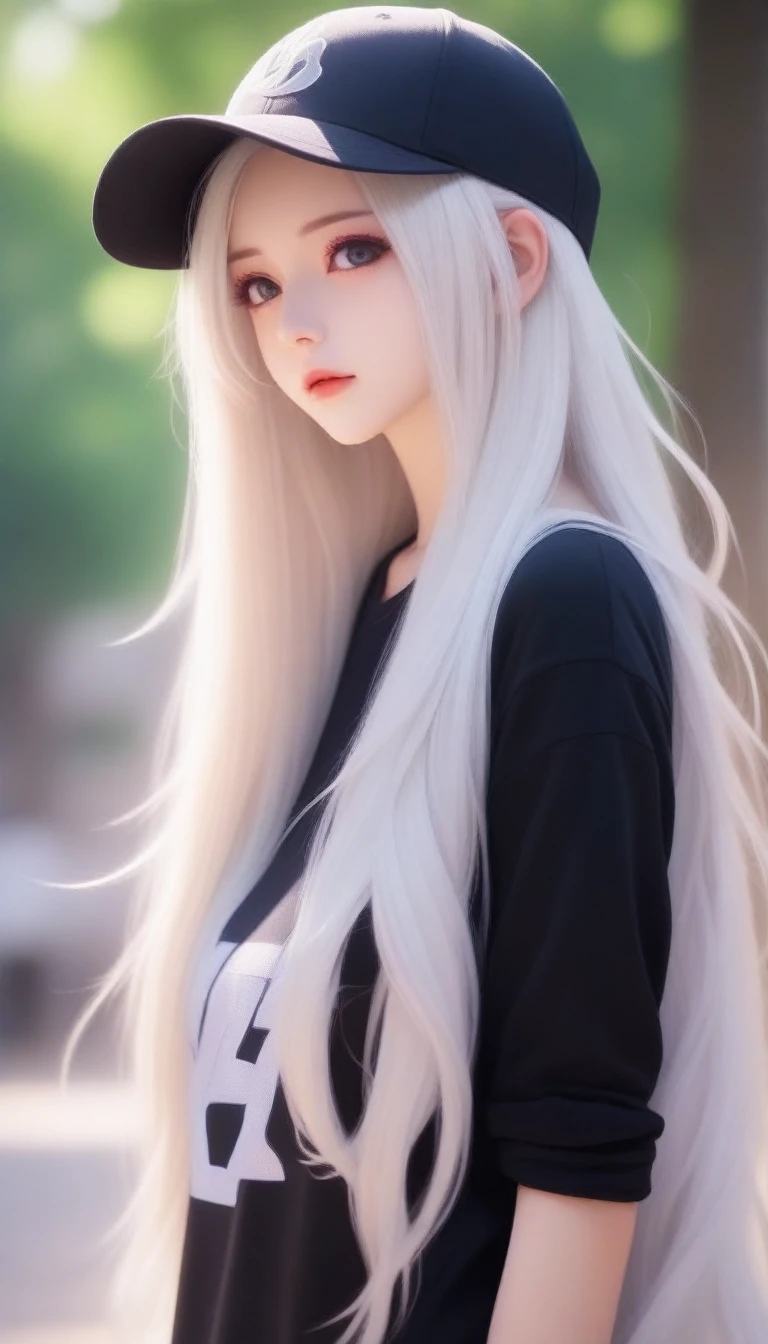 anime girl with long hair wearing a baseball cap and black top, anime girl with long hair, perfect white haired girl, with long white hair, beautiful anime girl, with white long hair, beautiful anime woman, beautiful alluring anime woman, beautiful anime portrait, with long hair and piercing eyes, girl with white hair, blonde anime girl with long hair, with long hair