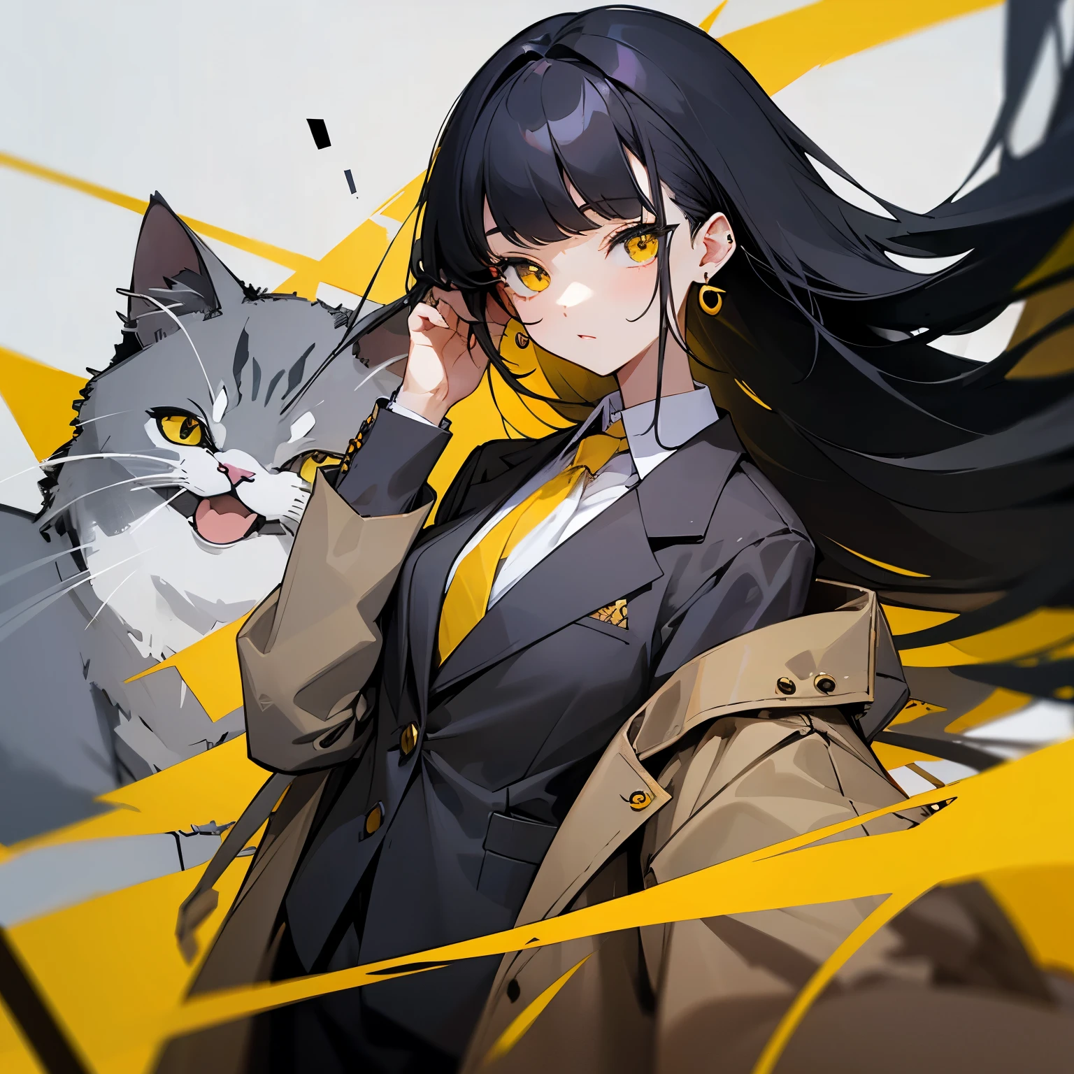 cat-like girl、highest quality、masterpiece、long hair、black hair、yellow eye hole、gray blazer、My clothes are a little worn out、earrings