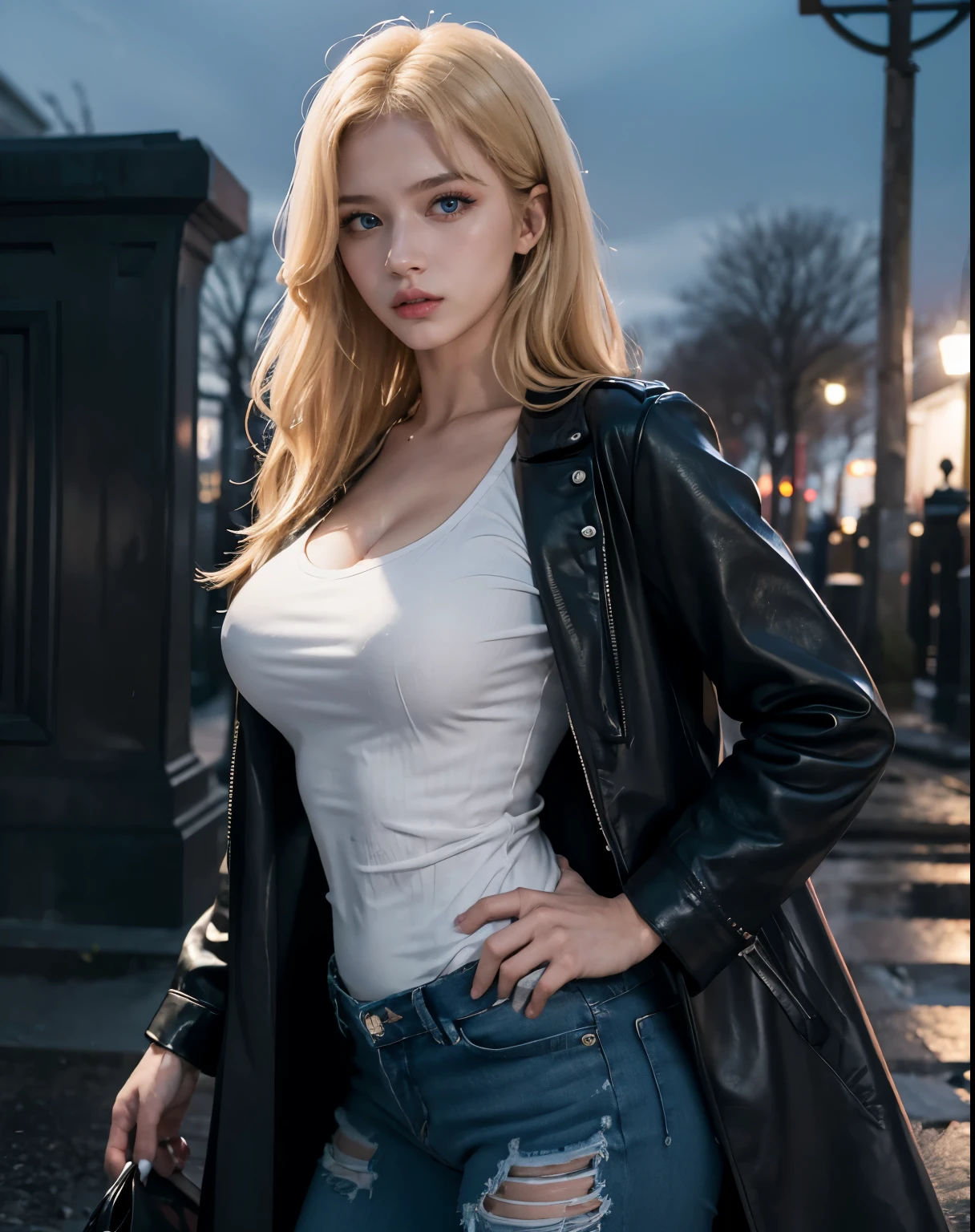 1girl, (Blue Eyes), (serious face :1.2), (Sana Minatozaki), (beautiful makeup :1.2), wide hips, Big tits, big ass, (Best Quality, 8k, Masterpiece: 1.3), Clear Focus: 1.2, Perfect Body Beauty: 1.4, Highly detailed face and skin texture, detailed eyes, double eyelids, (blond long hair :1.2), (white tanktop :1.2), (ripped jeans :1.3), (black long leather overcoat), standing, dynamic pose, in a cemetery at night :1.2, dark night, low light, dark environment