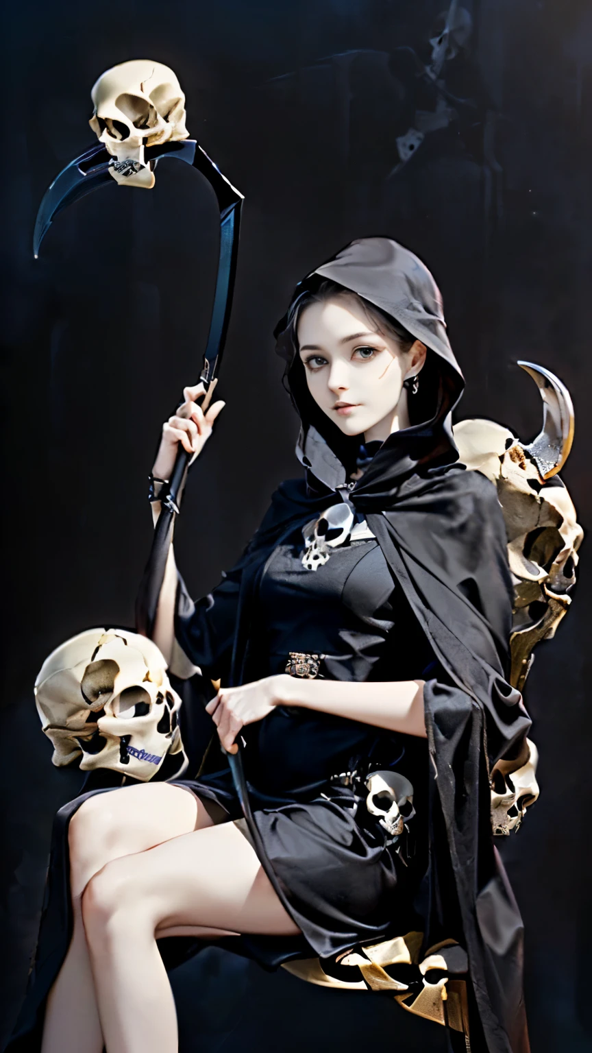 (((Masterpiece))),((top quality)),one beautiful girl,Pale, (A character that personifies the god of death: 1.5), (((skull on forehead:1.5)))、(Have a scythe:1.5)))、(belly button)、(black dress and black cloak:1.5),(plain clothes), (skin revealing),(The background is darkness 1.5).(((from the front:1.5)))、(straight front: 1.5)、(((cross your legs:1.5)))、