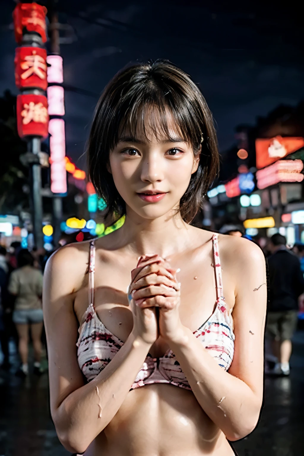 masterpiece, high quality,16k,8K,beautiful,get used to it,exquisite,extremely get used to it, finely get used to it, high quality, insanely get used to it, ultra get used to it, ultra high resolution, high quality, beautiful face, Japanese, NSFW,(pink micro bikini:1.3),wet,she is short,(A woman is holding her breasts with both hands:1.5), illuminated by neon lights in a downtown area on a rainy night.,shiny skin,detail skin,goosebumps,little smile