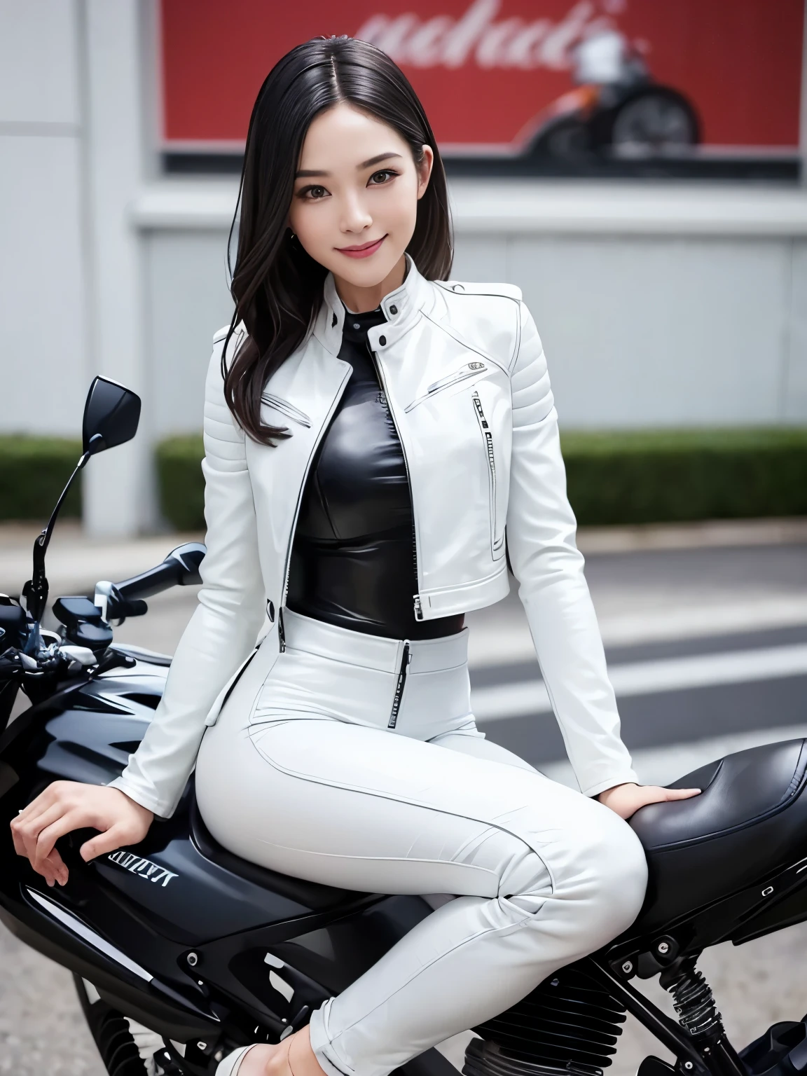 ((best quality)), ((masterpiece)), ((perfect face))、（(detailed motorcycle)）、Detailed and clear photos、((riding a motorcycle))、slender body、long legs、full body shot、smile、(((White long sleeve riding jacket and leather pants)))