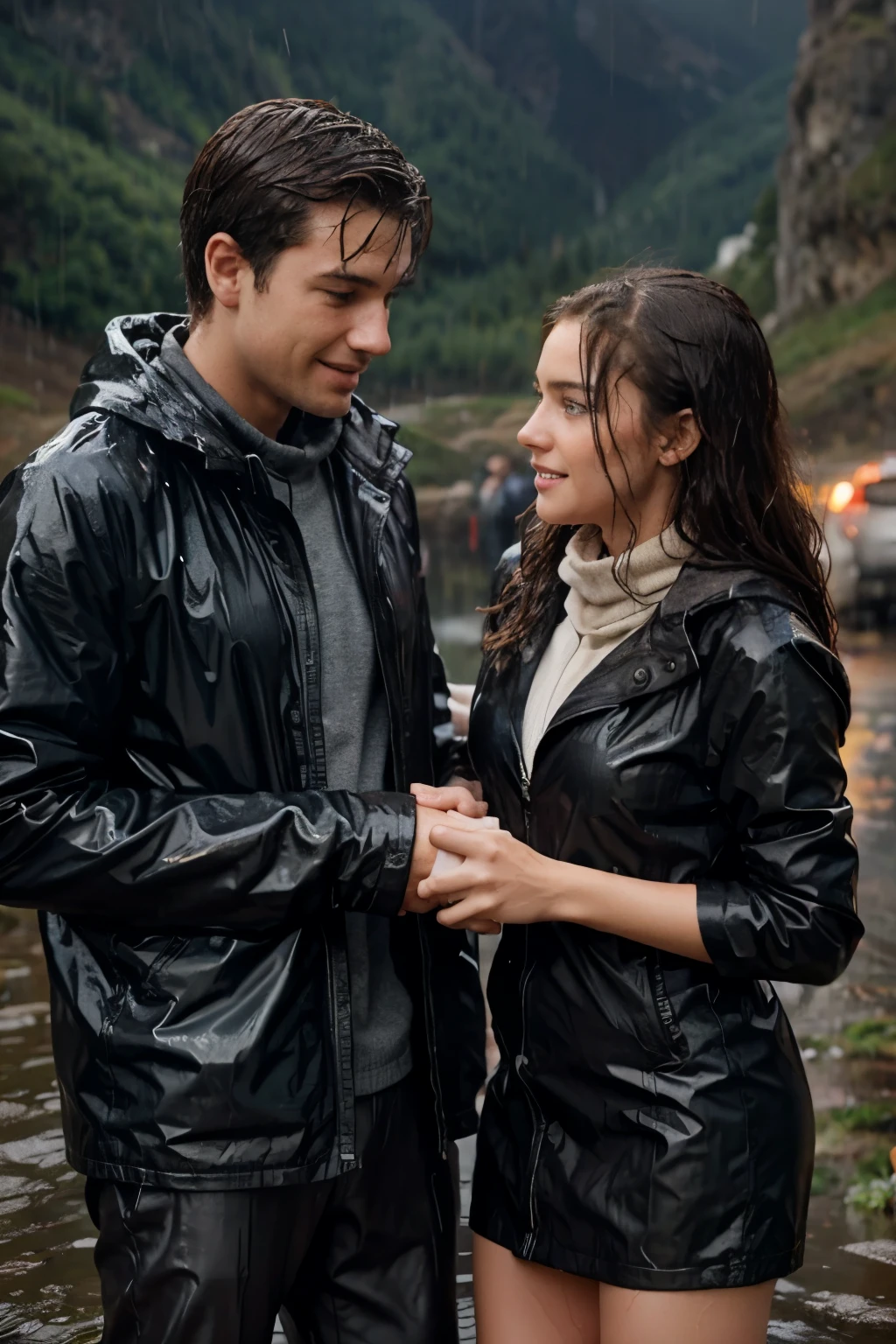 One day a young woman and men is getting wet in the rain on the mountain, and two people are staring at each other (animated)