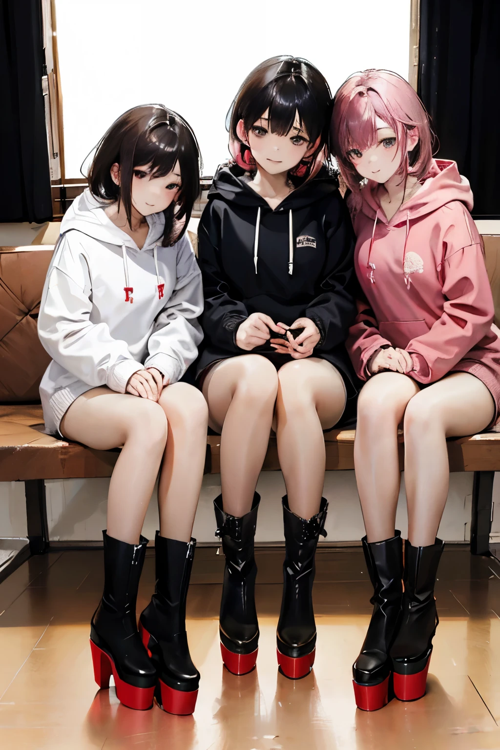 Women's Threesome、Taking purikura photos、cute、peace、
looking at me with a smile、
black hoodie、short skirt、white hoodie dress、boa parka、
3✕3の目、black eye、platform boots、semi-long、brown hair、pink hair、black hair