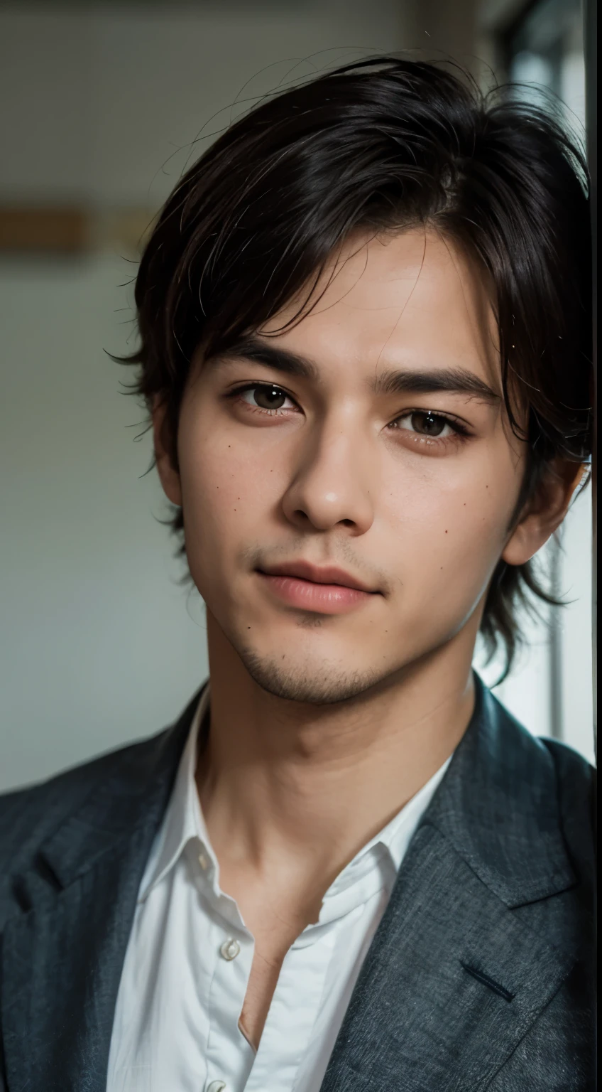 Portrait of a handsome man 25 years old round face movie look, Above the chest