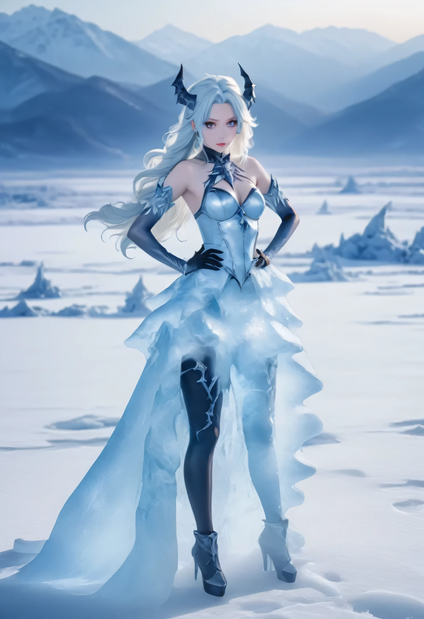 an ice female demon、Standing in the frozen snow field、Witch wearing pale armor, ((sexy costume:1)), SEXY female devil,