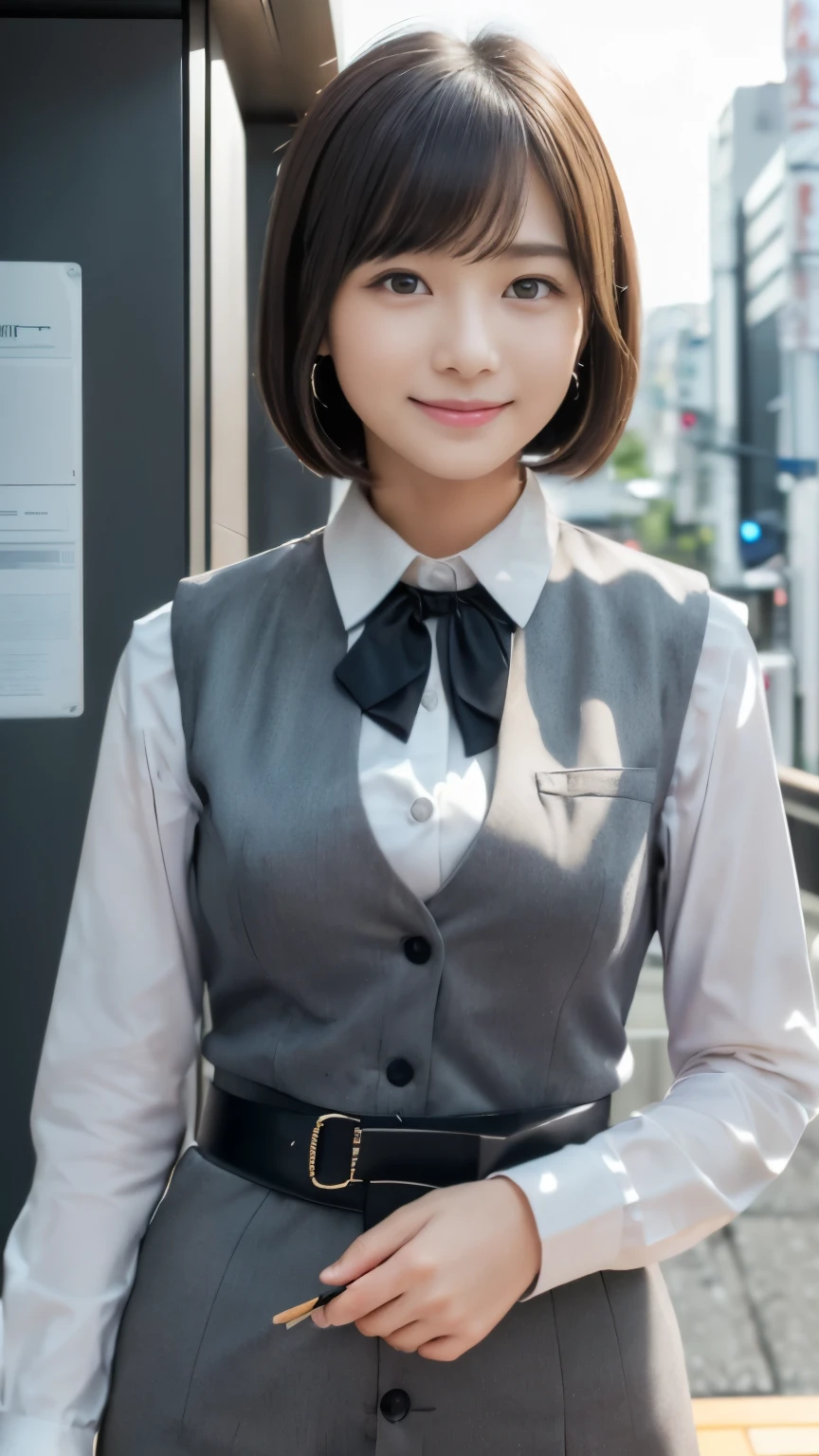 Masterpiece, Best-quality, RAW-photo, Ultra-High-Resolution, Photorealistic, very delicate human skin, 
(Anatomically correct, 16-years-old, Realistic Japanese girl, photographer's lover, She truly loves photographer, baby face, cute face, short height, thin waist, big breasts, Slender legs, Large breast, Realistic skin), 
((Female office worker, Long-sleeved white blouse, charcoal gray vest, button the vest, belt, pencil skirt:1.3)), 
(maiko, Round face, Black hair, Black eyes, Moist eyes, Shining eyes, Short bob cut, Bangs, Down-slating eyebrows, one little earring, Light blush), 
(See photographer, look at viewer, standing, hold a book in front of chest:1.3), 
(Elegant goddess smile, seduce men), 
(Tokyo, Shinbashi, very lively Japanese station square), 
Natural lighting, full length