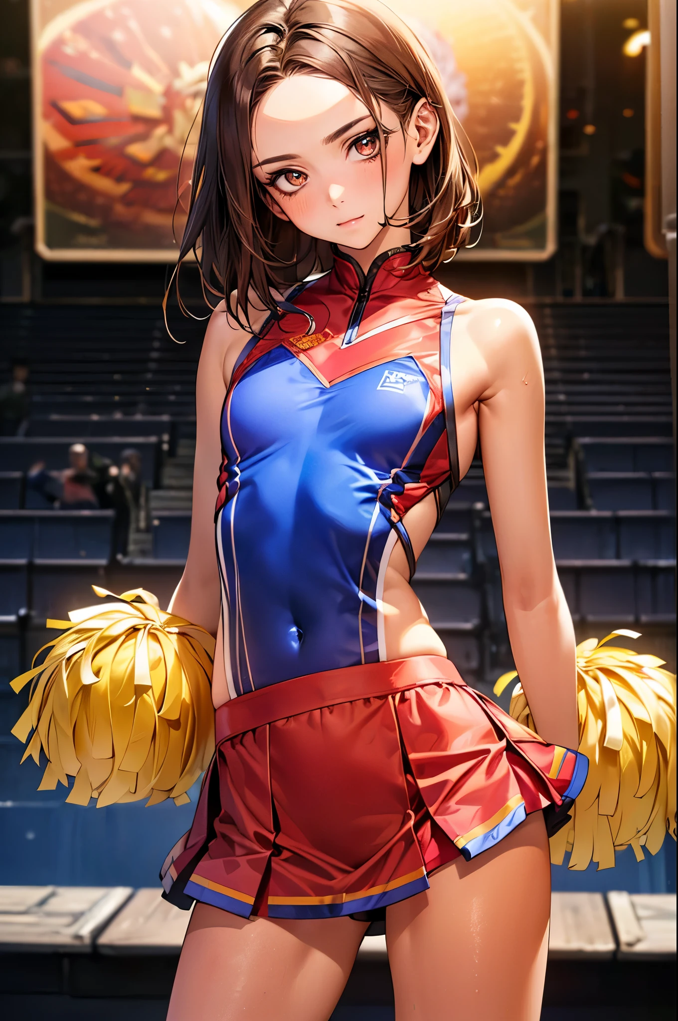 ((perfect anatomy,realistic,:1.3,RAW Photography:1.3,masterpiece、highest quality、Ultra - High resolution、High resolution、Highly detailed CG、8K)),cowboy shot,1 female,solo,20 year old beauty,((beautiful detailed face and eyes,big and gorgeous eyes)), brown eyes,(brown hair,short cutl hair,forehead,center parted hair:1.2),(medium breasts,slender body,small head:1.2,skinny,tan skin,gleaming skin,oily skin,shiny skin),(Cheerleader, red Cheerleader uniform)、Turn your body to the viewer、Audience seats、arena、