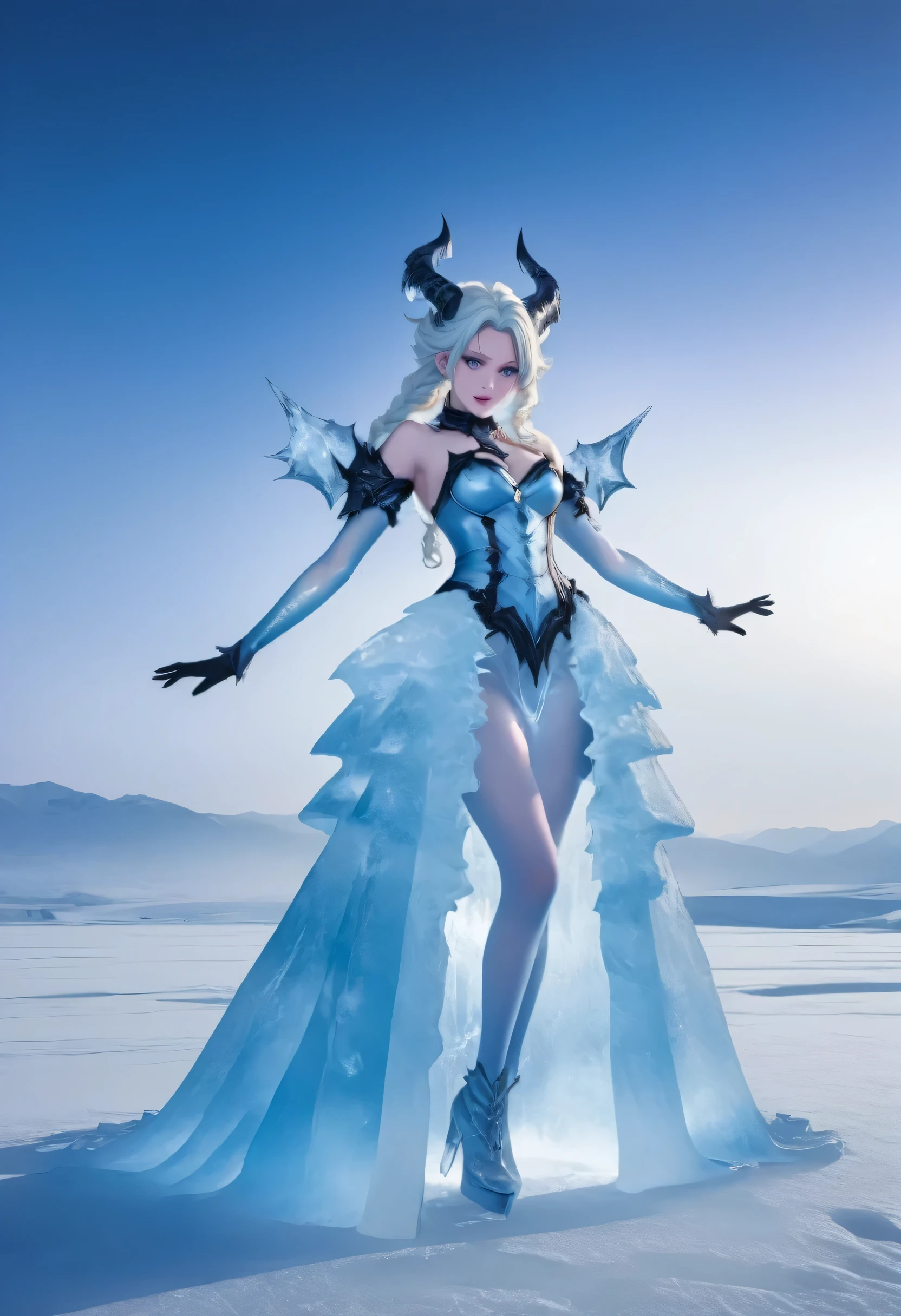 an ice female demon、Standing in the frozen snow field、Witch wearing pale armor, ((sexy costume:1)), SEXY female devil,