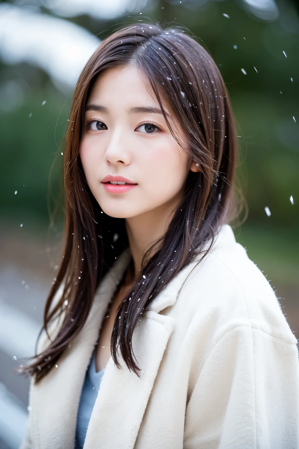 (1 Cute Japanese Star)Realistic photo of shoulder length hair、light makeup、medium chest size、wearing a coat、in the snow、clear facial features、8K high resolution、Sharp, realistic details、from outside、eye level shot、f / 4.0、135mm、fujifilm、jpegartifacts、dithering、UHD、masterpiece