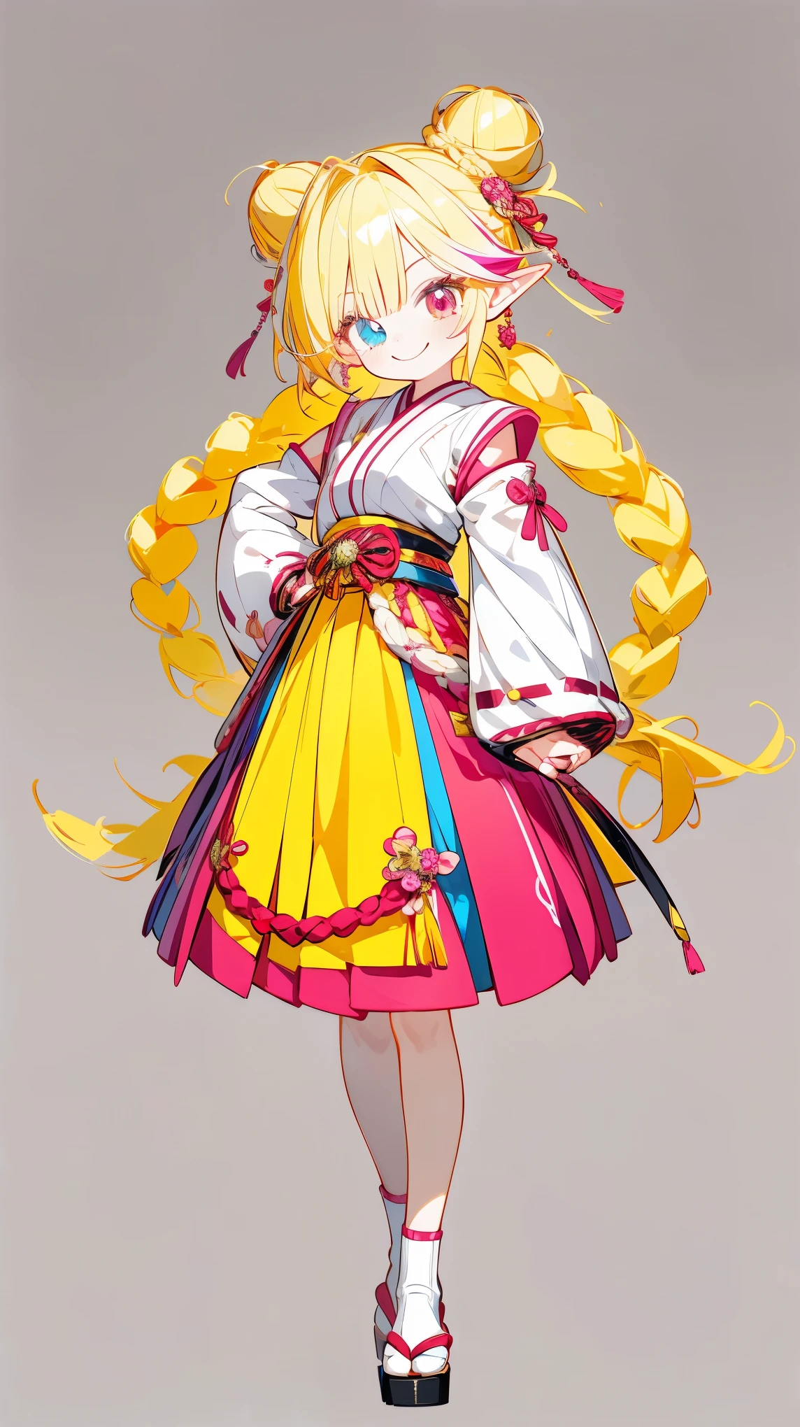 a picture of a cartoon female character with blonde hair in yellow and pink skirt, 1girl, solo, blonde hair, japanese clothes, pointy ears, heterochromia, smile, multicolored hair, simple background, fang, blue eyes, long hair, hair bun, hakama, sleeves past wrists, standing, braid, chibi, hakama skirt, sidelocks, skirt, long sleeves, full body, red eyes, sleeves past fingers, single hair bun