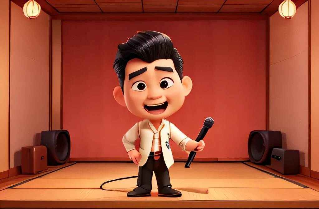 On the small stage of the karaoke room、A humorous illustration of a Japanese man in his 60s holding a microphone and singing passionately、Gag cartoon style、plain suit、open collar shirt、shabby tie、natural down hairstyle