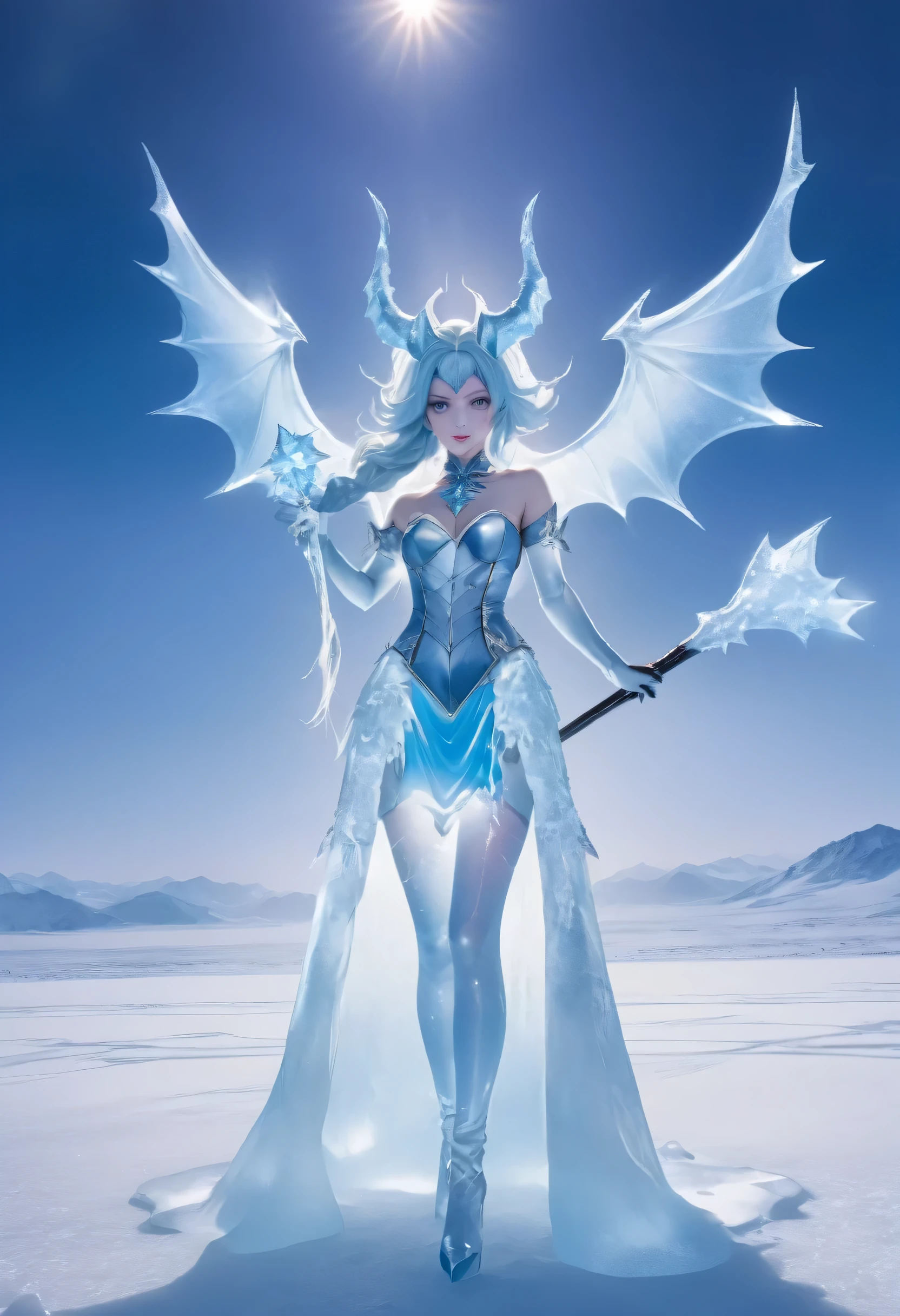 an ice female demon、Standing in the frozen snow field、Witch wearing pale armor, ((sexy costume:1)), SEXY female devil,