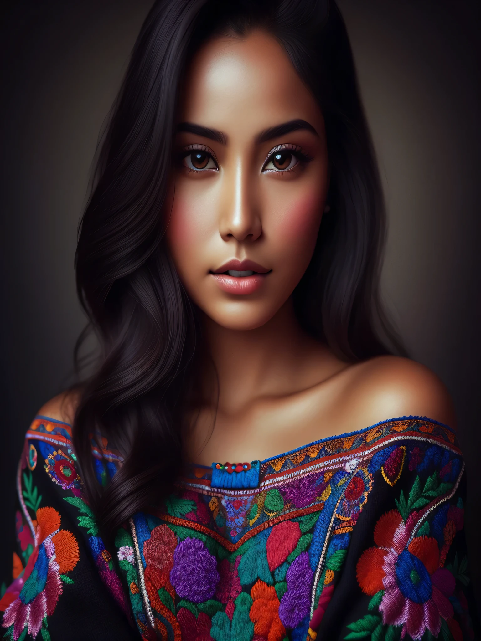 Imagine a woman from Quiché, Guatemala, with captivating beauty that radiates grace and elegance. Her dark hair falls in soft waves over her shoulders, framing an angelic face with deep, luminous eyes that reflect the essence of her ancestral land. She wears a traditional Quiche huipil, adorned with intricate embroidery that represents the cultural richness and history of her people. The vibrant colors of the huipil highlight her dark complexion and contrast for a long time. full body big waist big breasts Hermosa obra de arte digital, preciosa pintura digital, pintura digital realista, impresionante retrato, mujer hermosa, retrato de belleza detallado, hermosa pintura digital, arte digital realista 4k, arte digital realista 4k, beautiful gorgeous digital art, hermosa imagen de retrato, arte digital altamente realista