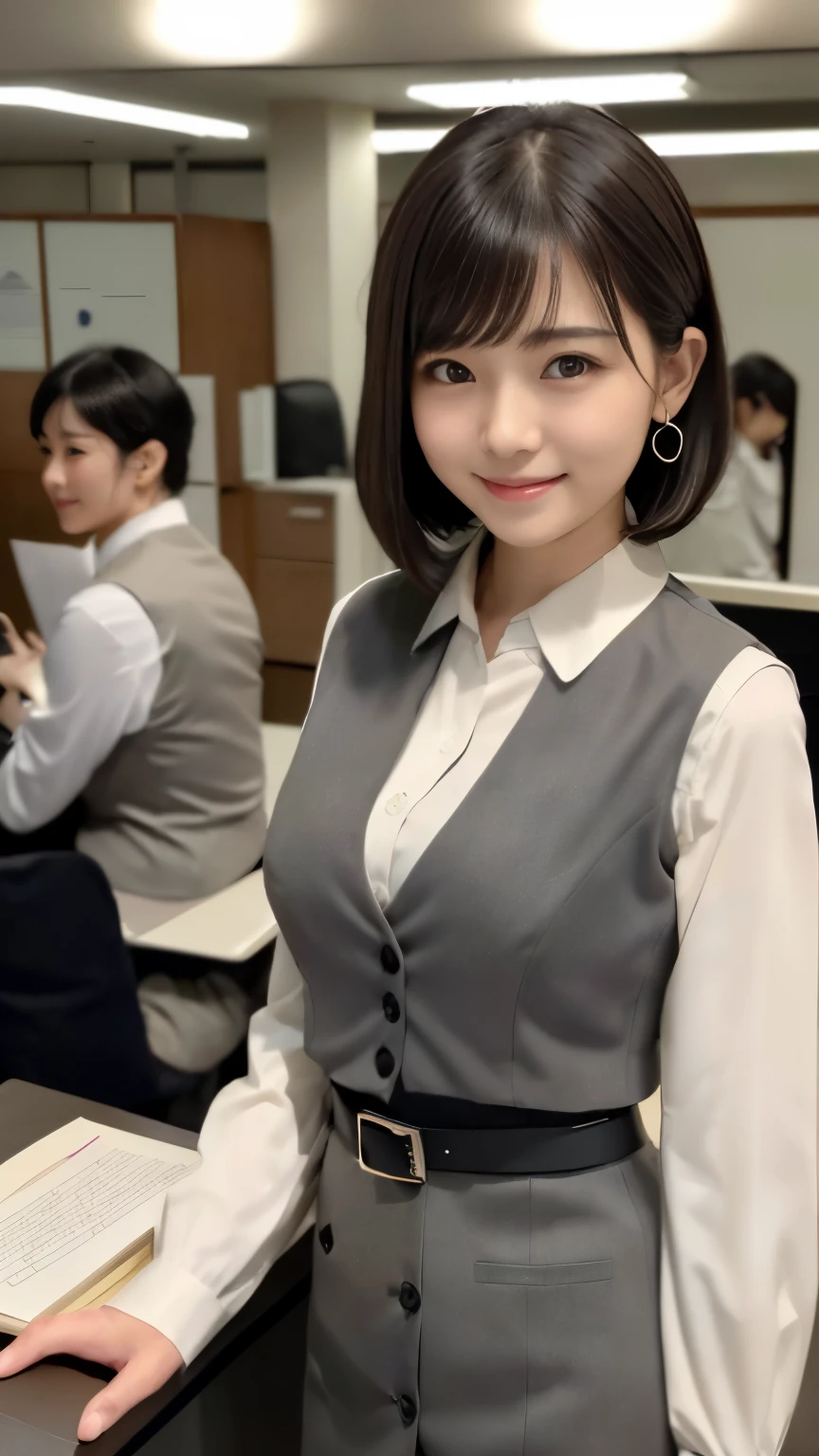 Masterpiece, Best-quality, RAW-photo, Ultra-High-Resolution, Photorealistic, very delicate human skin, 
(Anatomically correct, 16-years-old, Realistic Japanese girl, photographer's lover, She truly loves photographer, baby face, cute face, short height, thin waist, big breasts, Slender legs, Large breast, Realistic skin), 
((Female office worker, Long-sleeved white blouse, charcoal gray vest, button the vest, belt, pencil skirt:1.3)), 
(maiko, Round face, Black hair, Black eyes, Moist eyes, Shining eyes, Short bob cut, Bangs, Down-slating eyebrows, one little earring, Light blush), 
(See photographer, look at viewer, standing, hold a book in front of chest:1.3), 
(Elegant goddess smile, seduce men), 
(Tokyo, Shinbashi, very lively Japanese station square), 
Natural lighting, full length