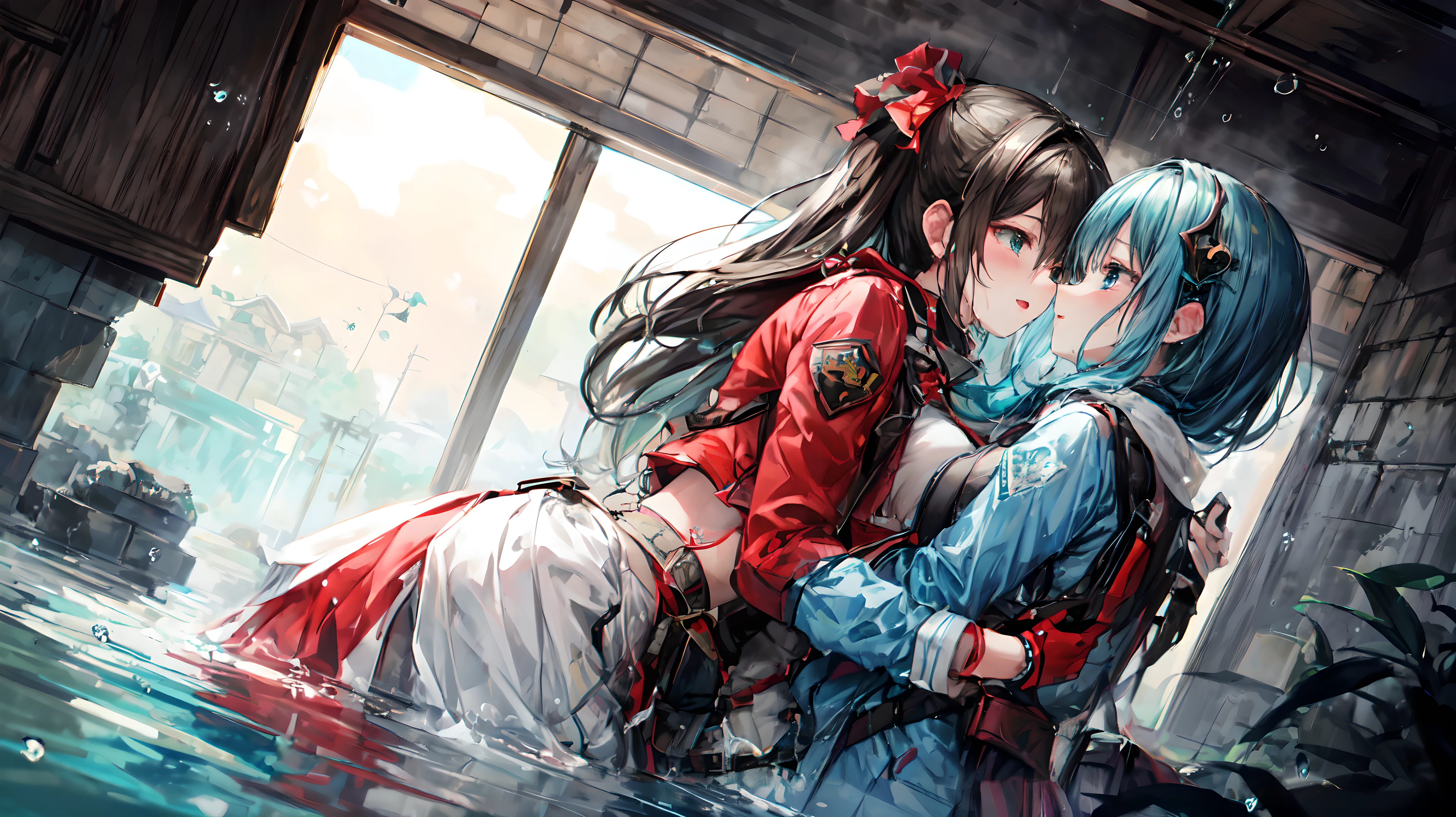 hyper quality, high resolution, intricate details, panorama, dutch angle, (2 little girls) wearing (flower kimono), cotton texture kimono, (red and teal kimono:1.15), (very large kimono, large kimono sleeve, best cotton texture, best Wrinkles on kimono), (yuri, lesbian), (deep kiss, hug:1.2),(clothesed sex), full body, Beautiful eyes, (Partial submerse:1.1),Partial kimono in water, (Water sprayed, water column:1.1) (wet, very wet kimono, wet body, wet long black hair, wet kimono sleeve, wet kimono drees, wet skin:1.1), (Transparent mucus wrapping, water drop), submerse in water, Poignant and beautiful, Smile in despair, smile in sadness, closed mouth, (beautiful and detailed water:1.1), (dark dungeon, dark and damp water dungeon, enclosed space:1.15), (Cement walls), dark light, light source, (atmosphere of despair:1.15), (Water mist), inspired by the flower house Yiding's manga painting, Pixiv competition winner, ukiyo-e, ukiyo-e art style, ukiyo-e style, Japanese art style, Japanese illustrator,