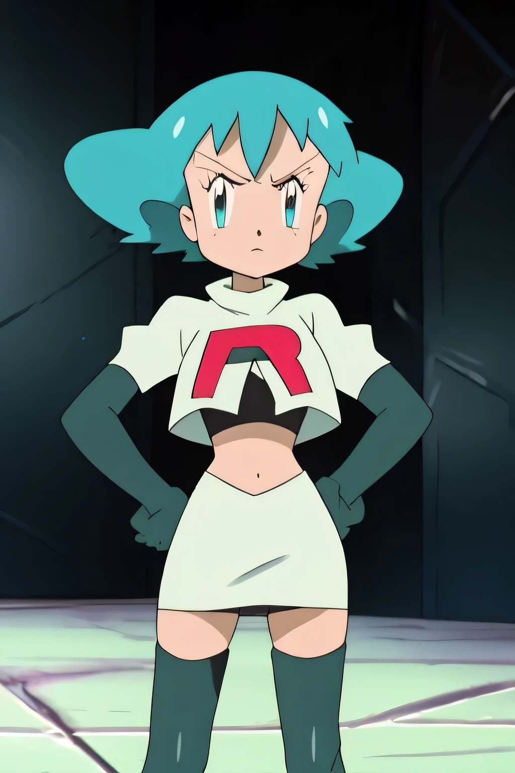 1girl in, (Solo:1.2), (Perfect body:1.1), (Best Quality:1.1), , very large breast, hands on hip,team rocket uniform, red letter r, white skirt,white crop top,black thigh-high boots, black elbow gloves, glaring angrily, looking at viewer, hands on hips,zettai ryouiki,spread legs, black panties, anime style, vivid colors, sharp focus, intense lighting