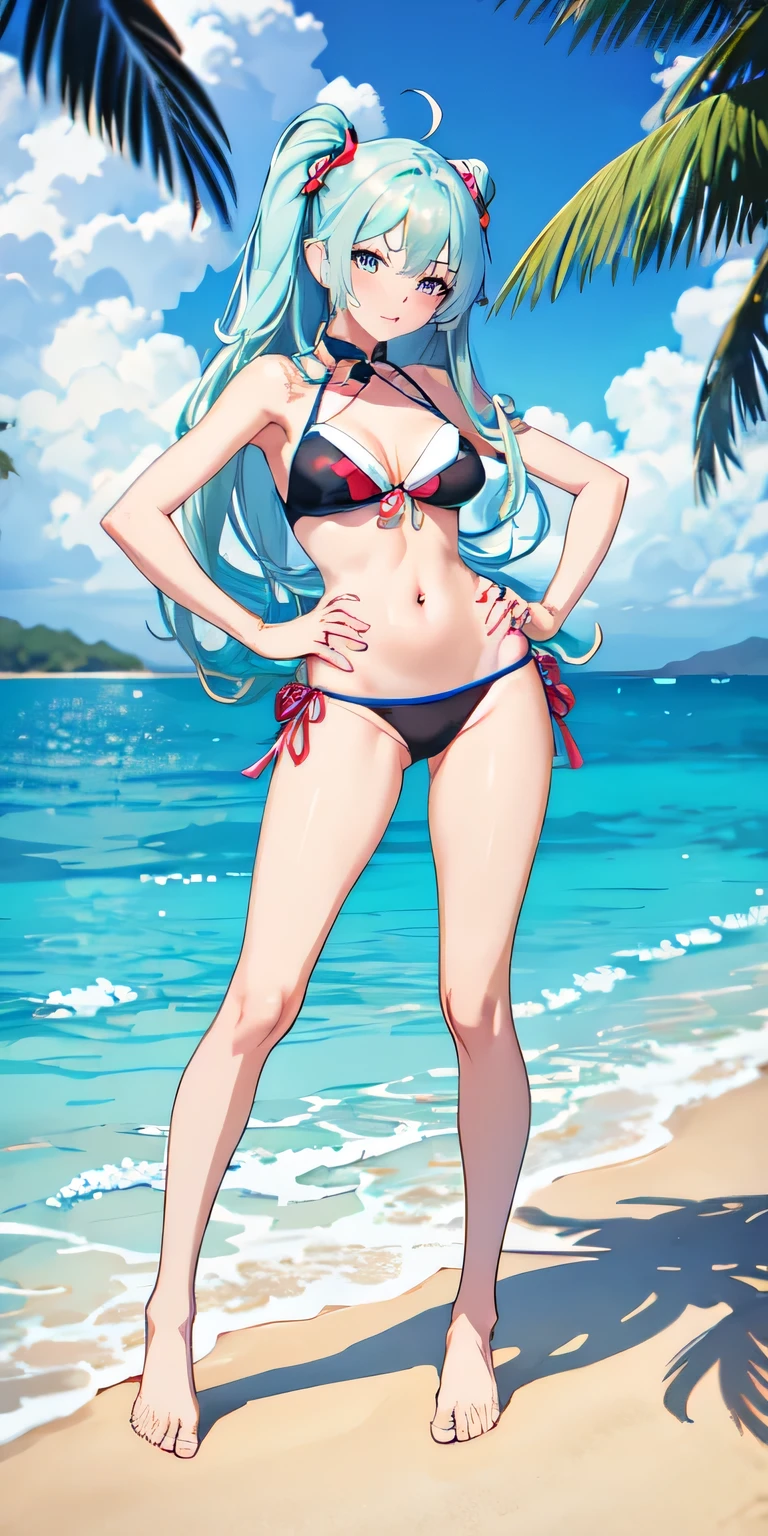 anime girl in a bikini posing on the floor with her hands on her hips, Anime cute art style, seductive anime girl, , (anime girl), Beautiful seductive anime teen, clothing: bikini, [ 4k digital art ]!!, attractive anime girl, swimsuit, anime girl, Anime Best Girls, high resolution committee, cute anime girl