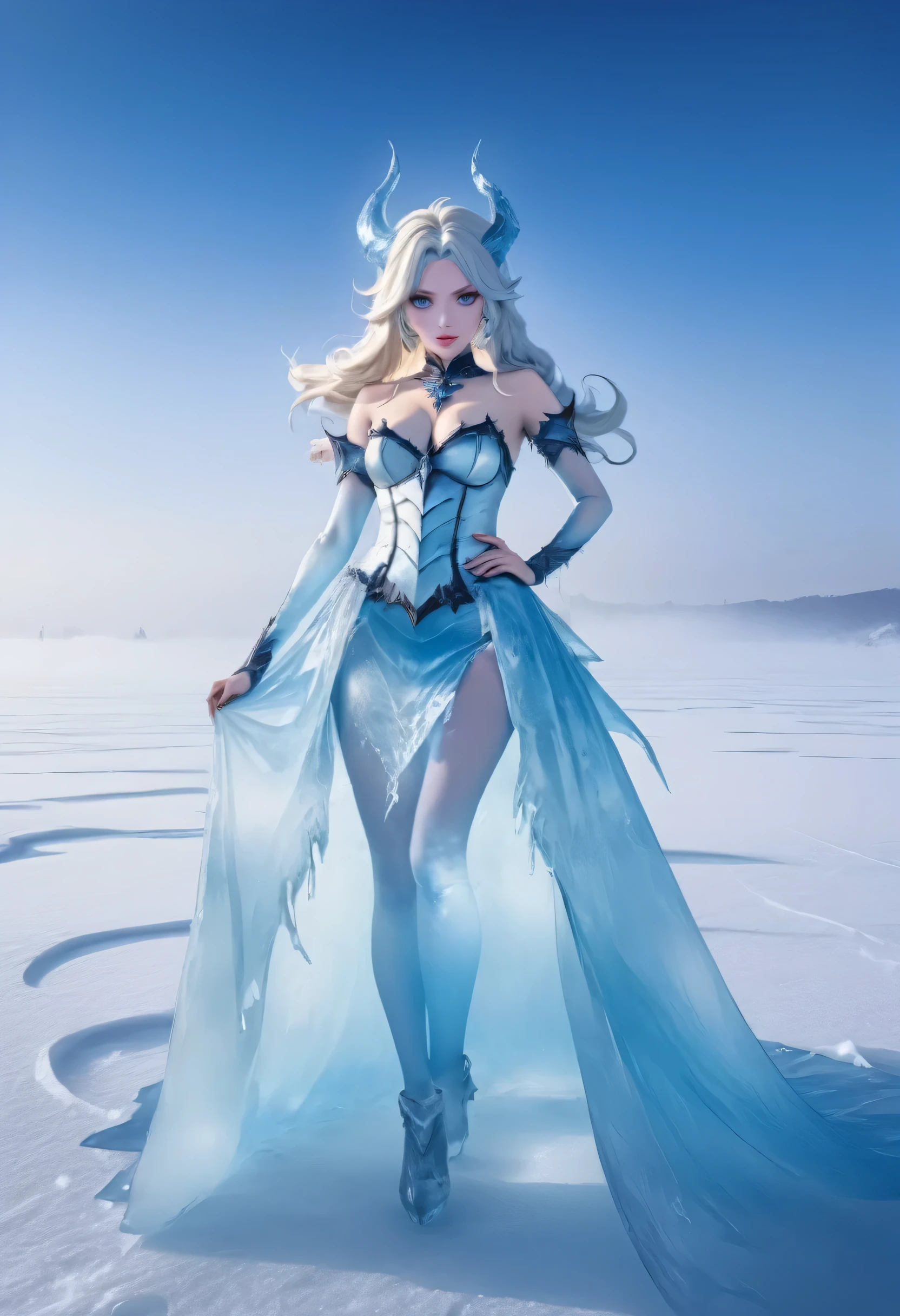 an ice female demon、Standing in the frozen snow field、Witch wearing pale armor, ((sexy costume:1)), SEXY female devil,