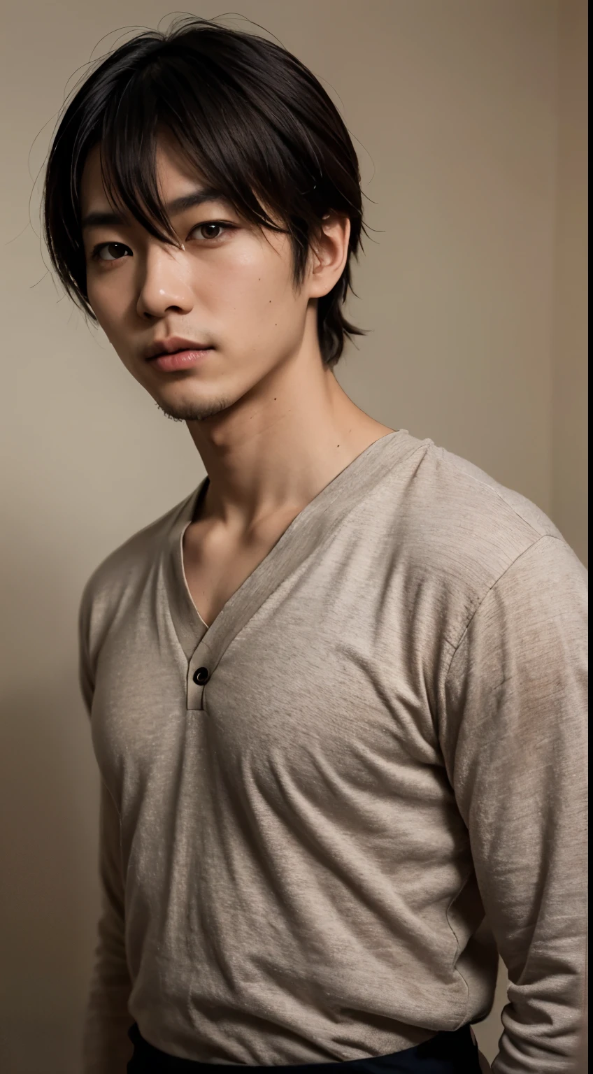 Portrait of a handsome Japanese man 25 years old round face movie look, Above the chest