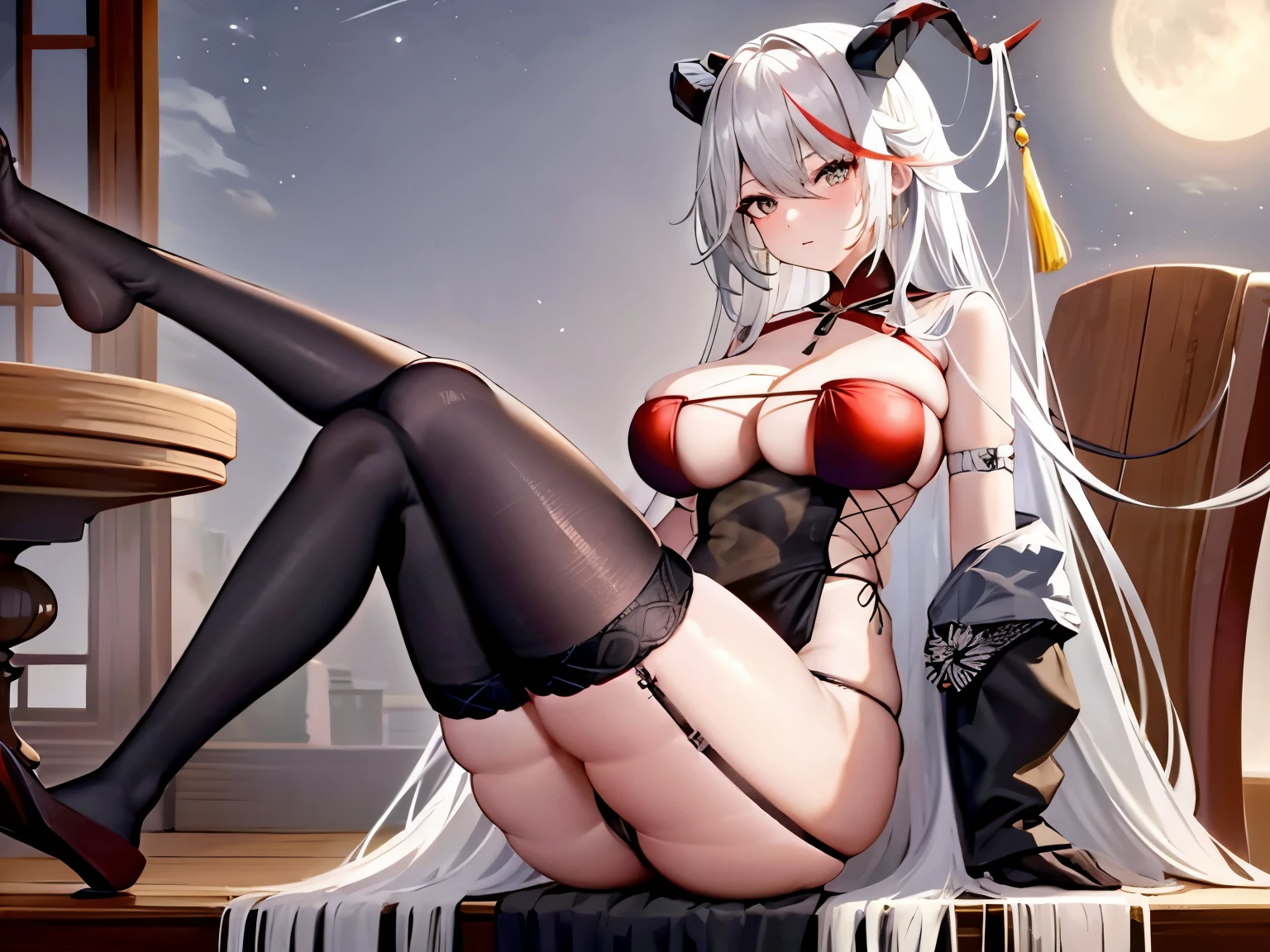 1girl, solo, long hair, breasts, looking at viewer, blue eyes, large breasts, thighhighs, gloves, hat, dress, cleavage, sitting, underwear, panties, full body, ass, white hair, thighs, elbow gloves, black thighhighs, indoors, white dress, white panties, feet, book, night, no shoes, chinese clothes, moon, china dress, full moon, illustrious \(azur lane\)