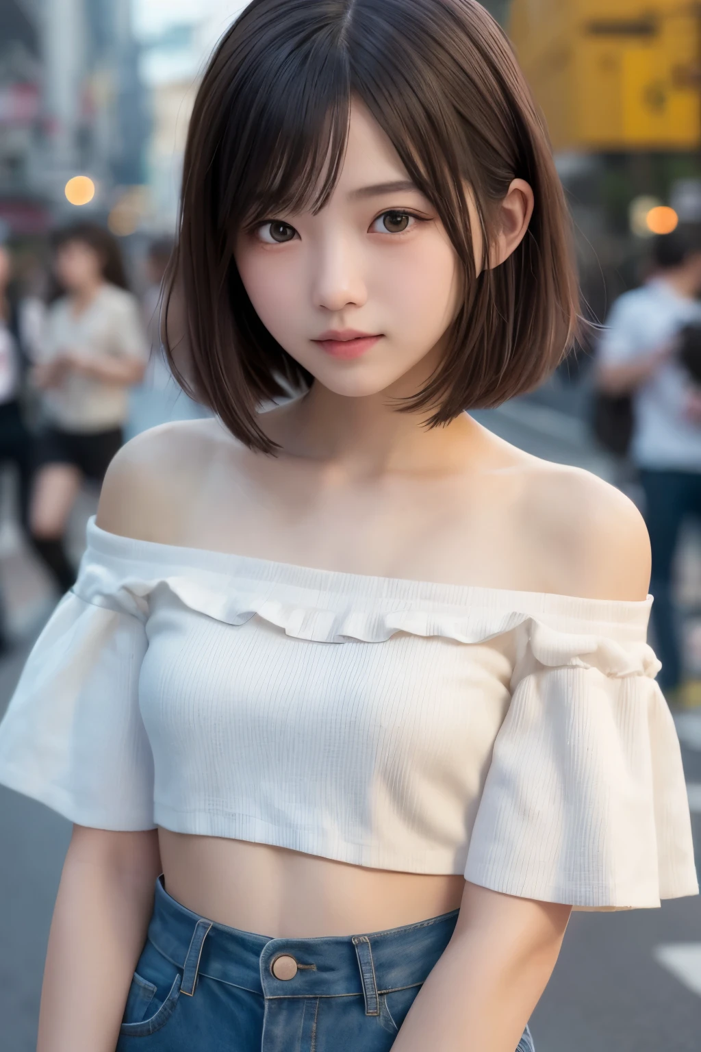 realism、Realism、High quality photos、15 year old cute Japanese girl、((Extreme Detail))、(Ultra-detailed)、Highly detailed CG Unity 8K wallpaper、highest quality、muste piece、off shoulder、crop top、Short cut bob hairstyle、The center of a messy scramble intersection、There are a lot of people passing by、miling happily